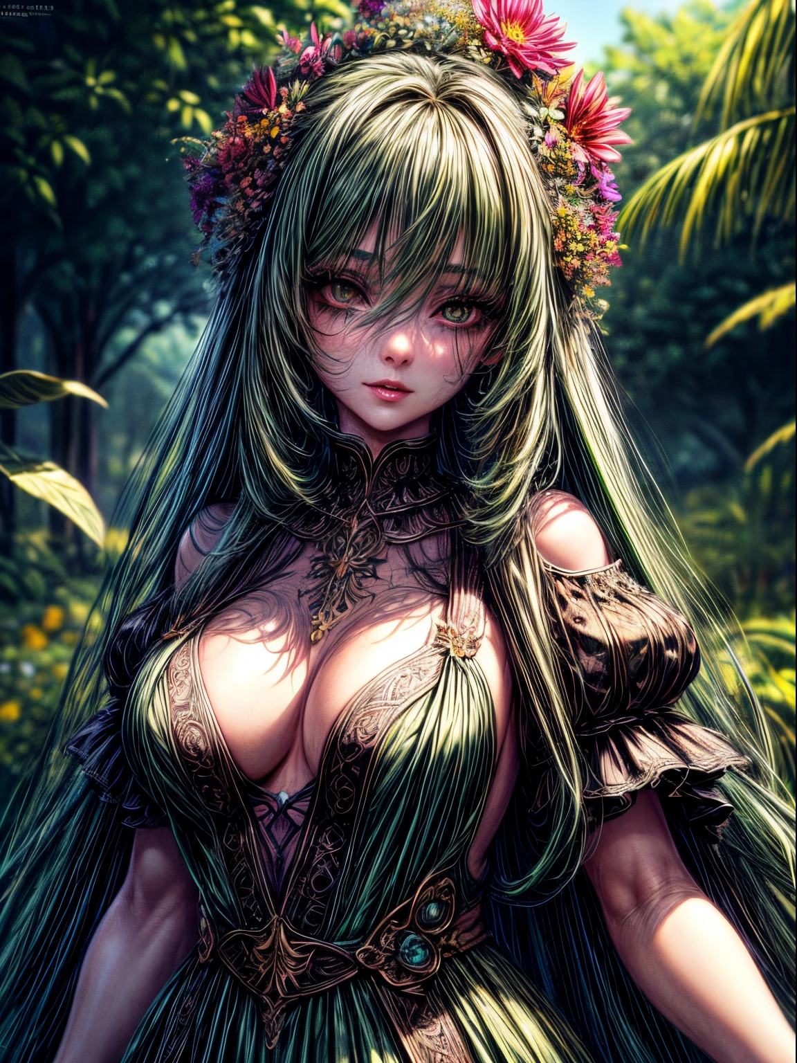 masterpiece, best quality, 1girl, (finely detailed beautiful eyes and detailed face), cinematic lighting, upper body shot, long hair, green hair, colored eyelashes, brown eyes, small breasts, fully clothed dress, thick long dress, outdoor, flowers, succulent plant, (Colorful:1.3), naughty face,