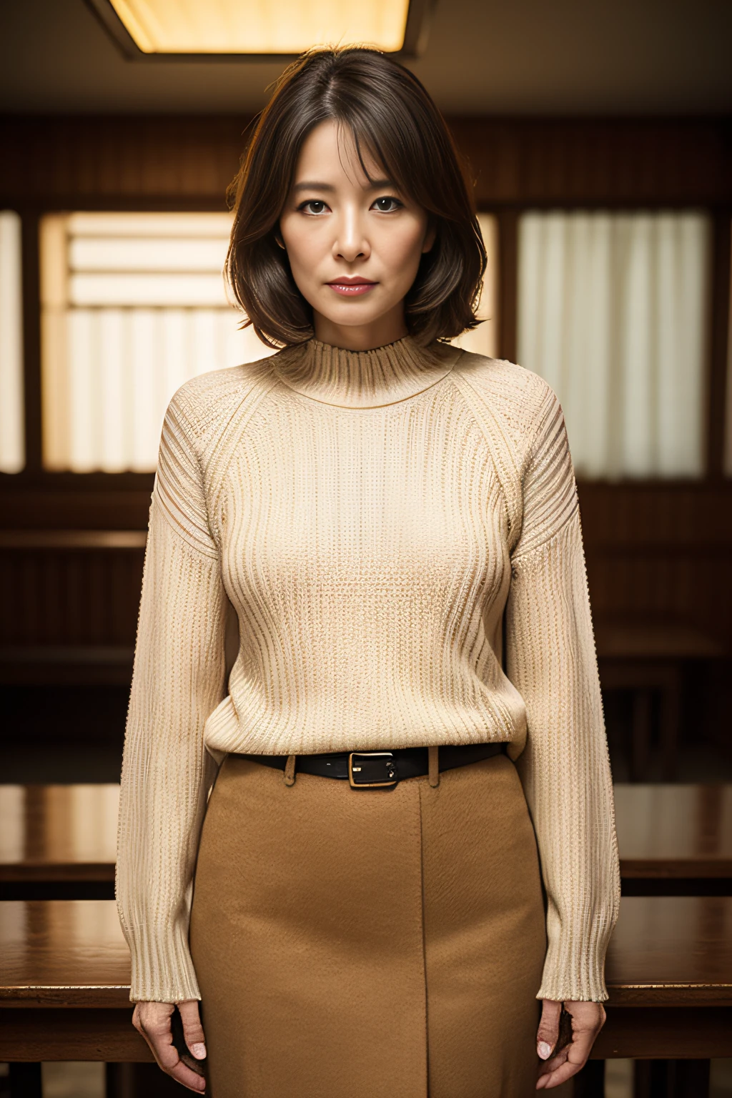 top-quality, masterpiece, hight resolution, Photorealsitic, profetional lighting, ighly detailed, depth of fields, ((One beautiful woman)), ((sixty years old)), Female sexy, Classroom, ((tight sweater, skirt by the)), Detailed face, beautidful eyes, bangss, small breasts of good shape, Light Brown Straight Hair, Faint lips, ((Stand forward、gazing at viewer, Serious face)), cowboy shot, sharp,