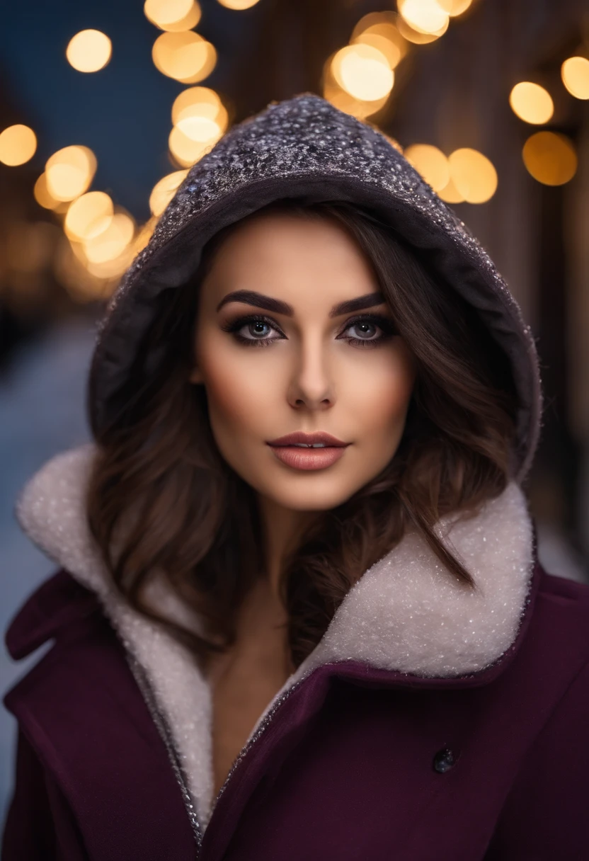 Woman in winter city outfit, Sexy girl with dark brown eyes, Portrait, Portrait de Corinna Kopf, brown hair, big eyes, selfie of a young woman, Les yeux dans le club Violet Myers, ohne Maquillage, maquillage naturel, Look directly into the camera, Visage avec Artgram, dezentes Maquillage, Superbe photo du corps entier, dans la salle de bain, Fission, dubai eyes, realistic, full length, standing under regent street christmas lights
