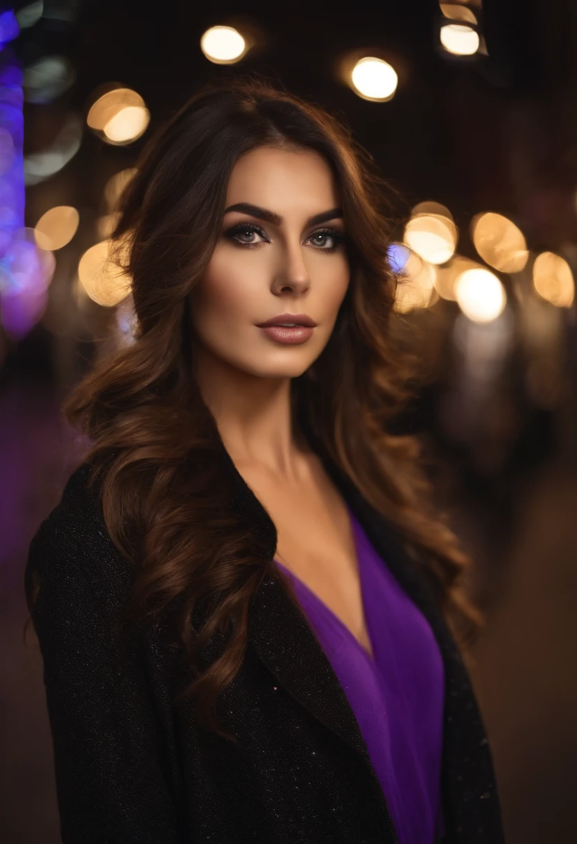 Woman in winter city outfit, Sexy girl with dark brown eyes, Portrait, Portrait de Corinna Kopf, brown hair, big eyes, selfie of a young woman, Les yeux dans le club Violet Myers, ohne Maquillage, maquillage naturel, Look directly into the camera, Visage avec Artgram, dezentes Maquillage, Superbe photo du corps entier, dans la salle de bain, Fission, dubai eyes, realistic, full length, standing under regent street christmas lights