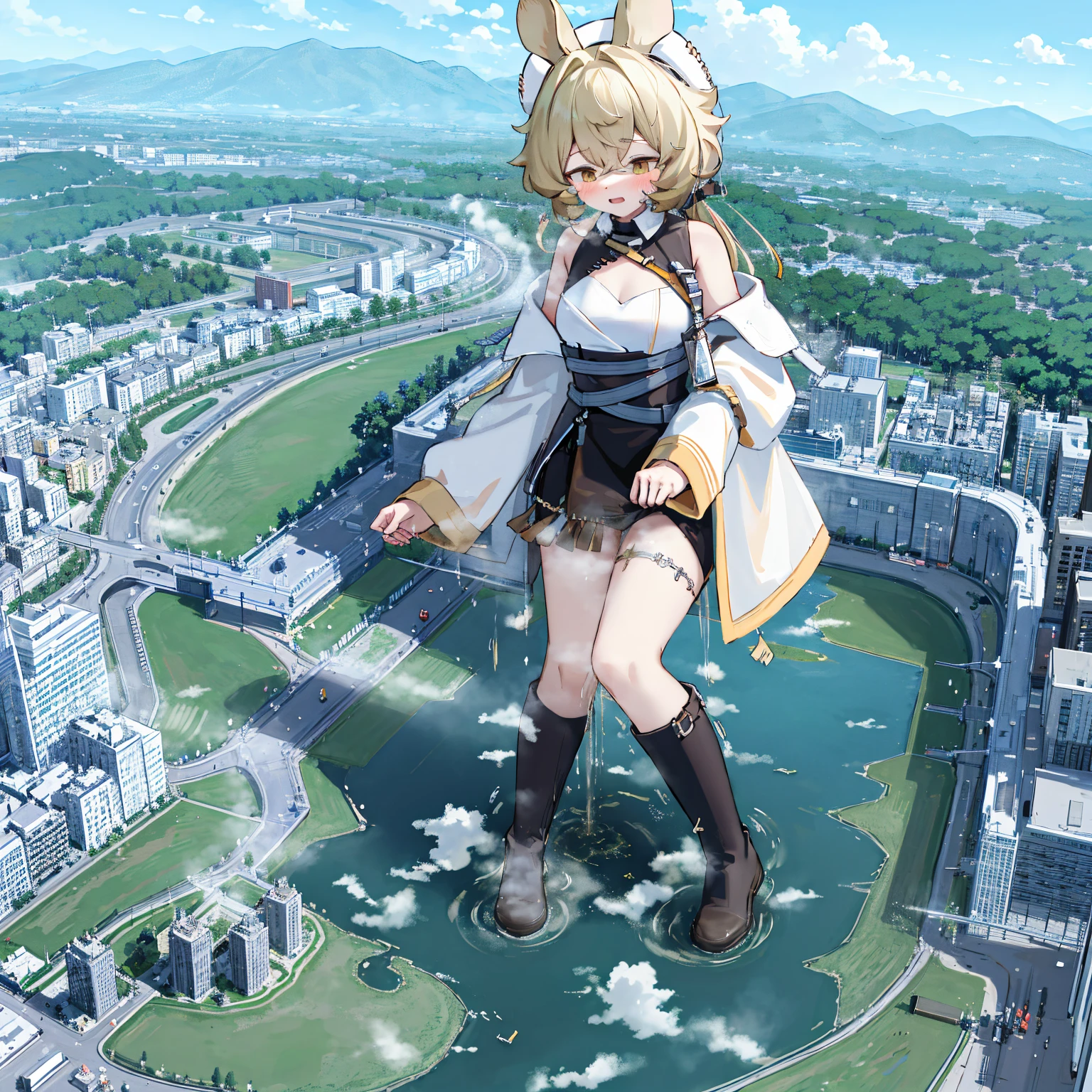 NSFW，​​{A giantess}，{1个Giant Breast Girl}，{are standing}，{urine discharge}​​，​​clouds， looking over city， mountain ranges， tmasterpiece, Best quality at best, The content is very detailed,tmasterpiece,Best quality at best,offcial art,extremely detaild的 CG unified 8k wallpapers，{{{A giantess}}}，Huge girl，1 girl，modern miniature city，pissing，Pee everywhere，no shoe，{blackstockings}，Get up，face flushed，comfortable expressions，pissing，urine，Nourishes urine，Urine eruption，Urine gives off steam，{Pee while standing on a modern miniature city}，The city is full of urine