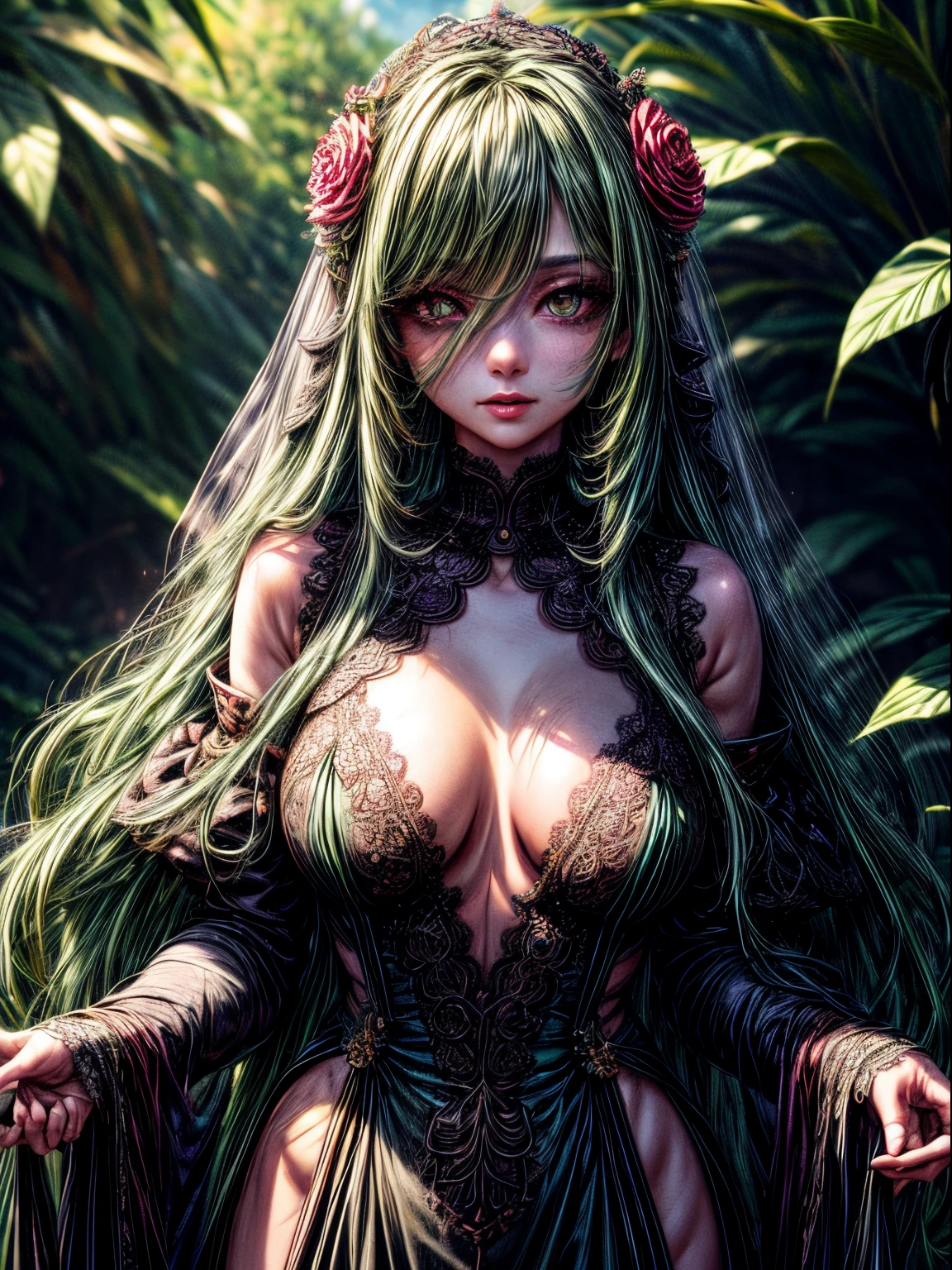 masterpiece, best quality, 1girl, (finely detailed beautiful eyes and detailed face), cinematic lighting, upper body shot, long hair, green hair, colored eyelashes, brown eyes, small breasts, fully clothed dress, thick long dress, outdoor, flowers, succulent plant, (Colorful:1.3), naughty face,