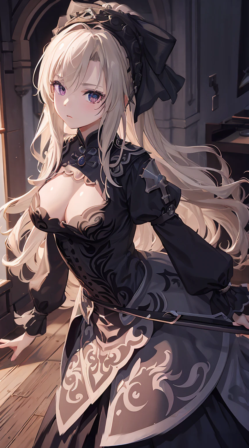 1girl,solo,Best quality, in the old castle,masterpiece,8K,black rose,detailed,beautiful background,delicate and luxurious dress