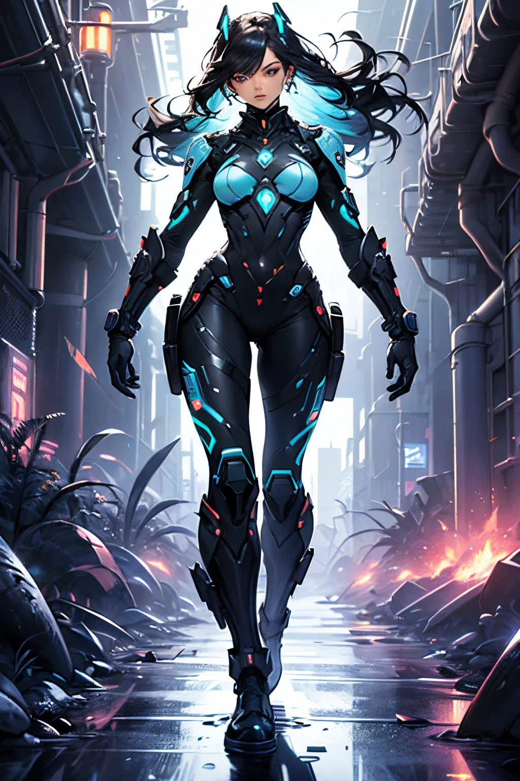 Young female with long black straight hair, side ponytail, female swordsman, turquoise fluorescent full-body tights, sci-fi armor, chest, cleavage, panties, tights, high-heeled shoes, apocalyptic ruined city