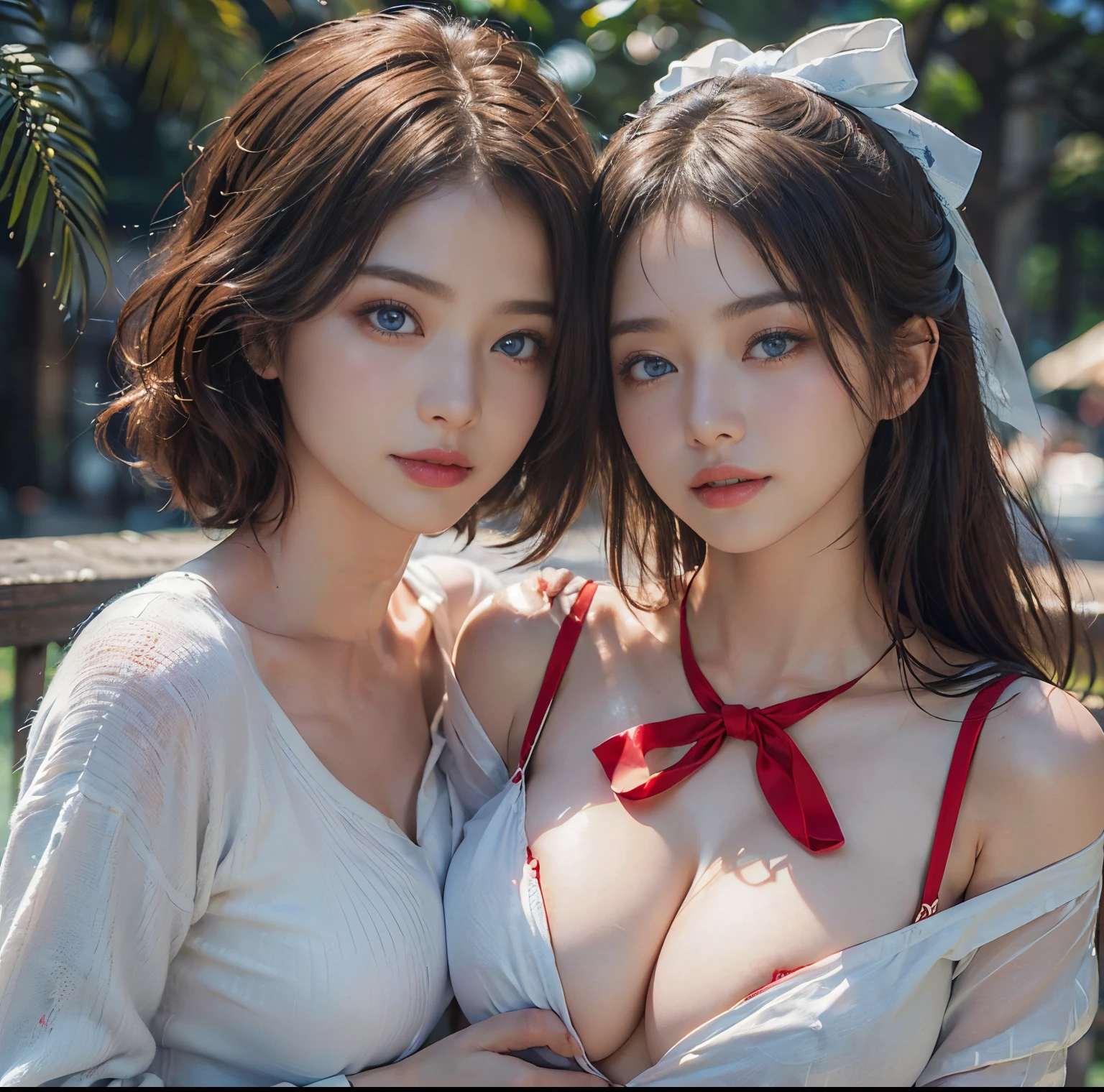 top-quality, 8K picture quality, masterpiece, (Professional lighting without shadows), (Two women in love:1.2), (with perfect body、Colossal breasts with tension:1.3), (Bright whitening skin:1.2), (Bright and beautiful blue eyes with plump red tear bags reflect a lot of light.:1.3)、 (They are wearing tight white blouses with bright red ribbon ties。), (The upper body and chest are covered with clothes, so no skin is exposed.。:1.7), (Hold your proud big breasts in both palms and show them off while emphasizing them from the front 1.5),