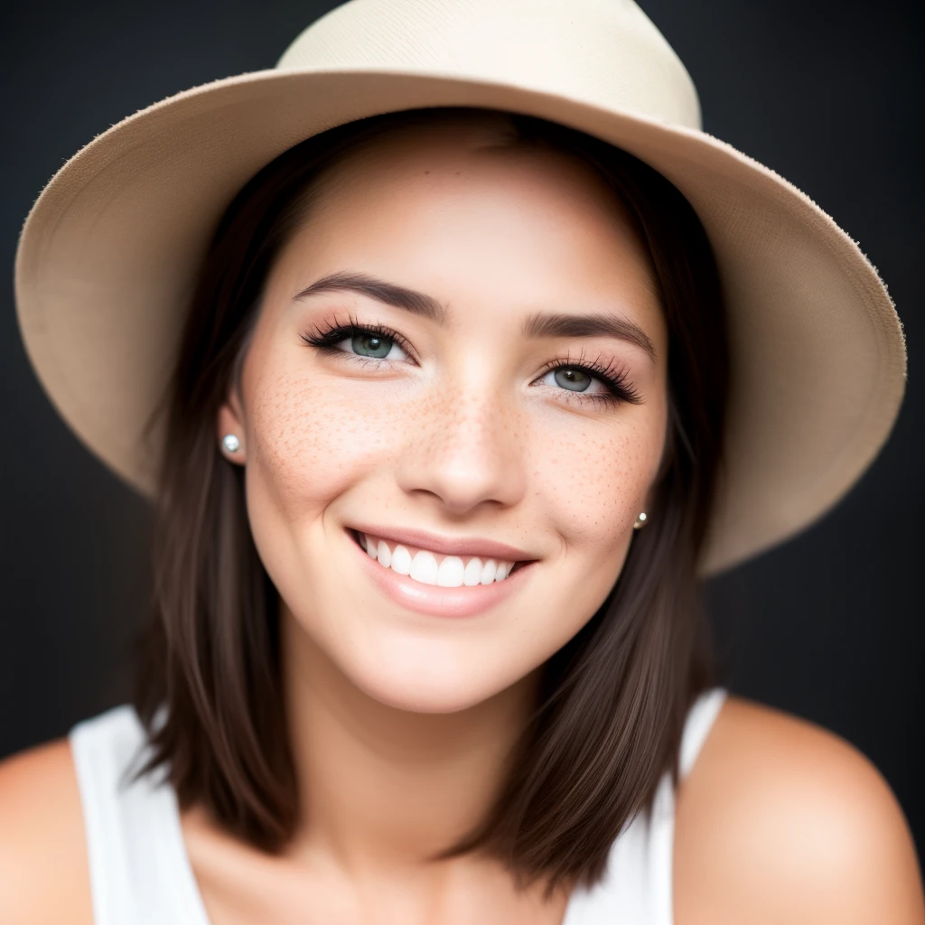 beautiful lady, slight freckles, big smile, dark makeup, hyperdetailed photography, soft light, head and shoulders portrait, cover