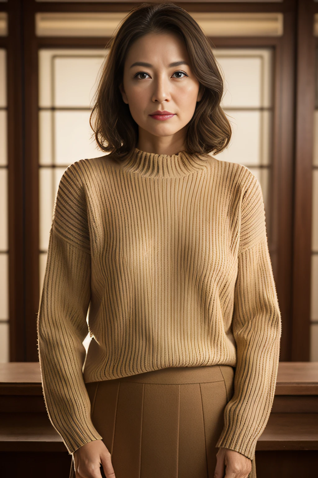 top-quality, ​masterpiece, hight resolution, Photorealsitic, profetional lighting, ighly detailed, depth of fields, ((One beautiful woman)), ((sixty years old)), Female sexy, ‎Classroom, ((tight sweater, skirt by the)), Detailed face, beautidful eyes, bangss, small breasts of good shape, Light Brown Straight Hair, Faint lips, ((Stand forward、gazing at viewer, Serious face)), cowboy  shot, sharp,