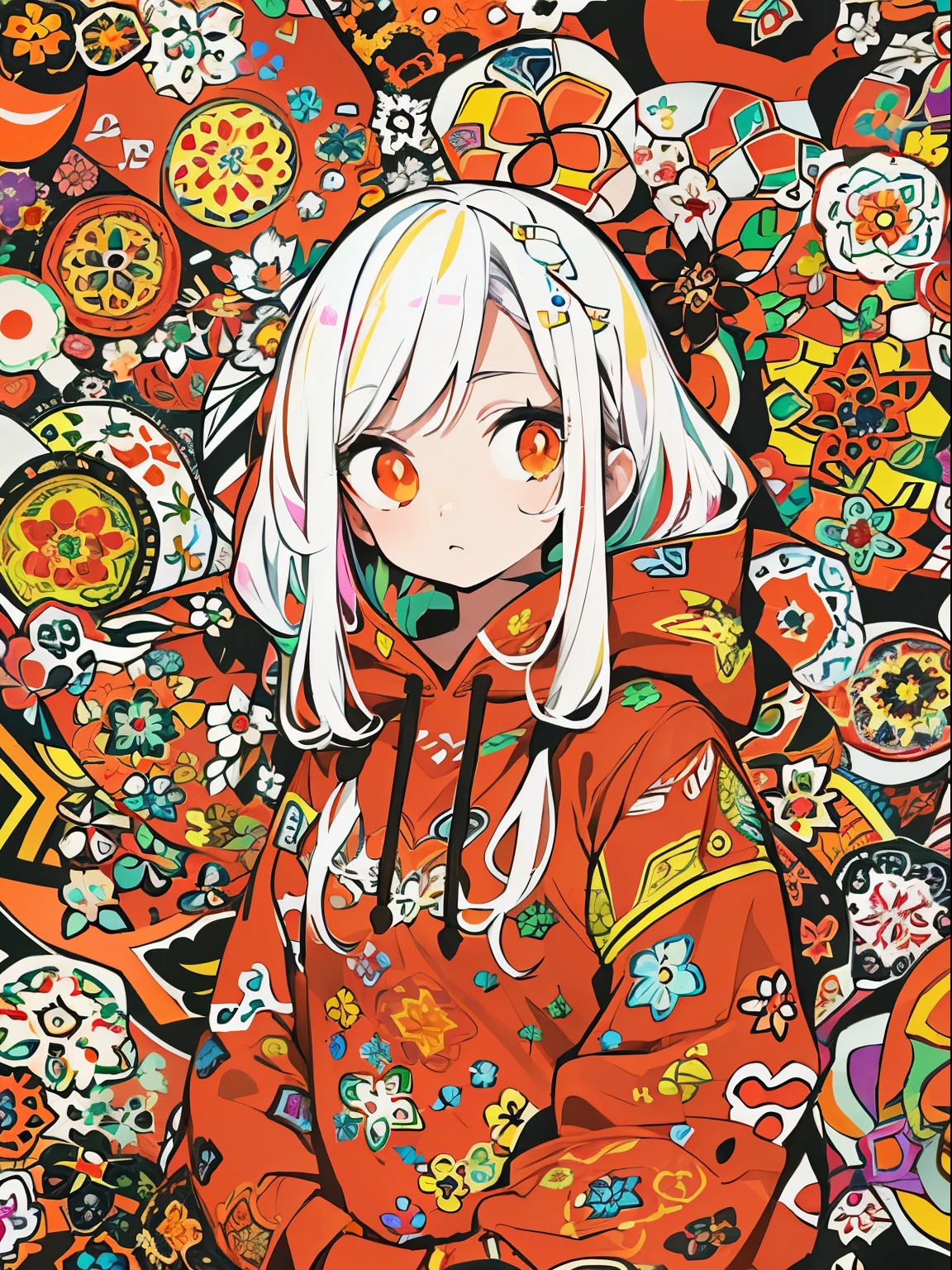 Cute anime character (large expressive eyes:1.2), (white hair:1.2), vibrant red hoodie, (intricate millefiori pattern:1.2), abstract shapes, floral designs, background filled with dense (colorful millefiori patterns:1.2), cohesive detailed scene, elements outlined with thick (bold black lines:1.2), striking contrast with (bright colors:1.2).