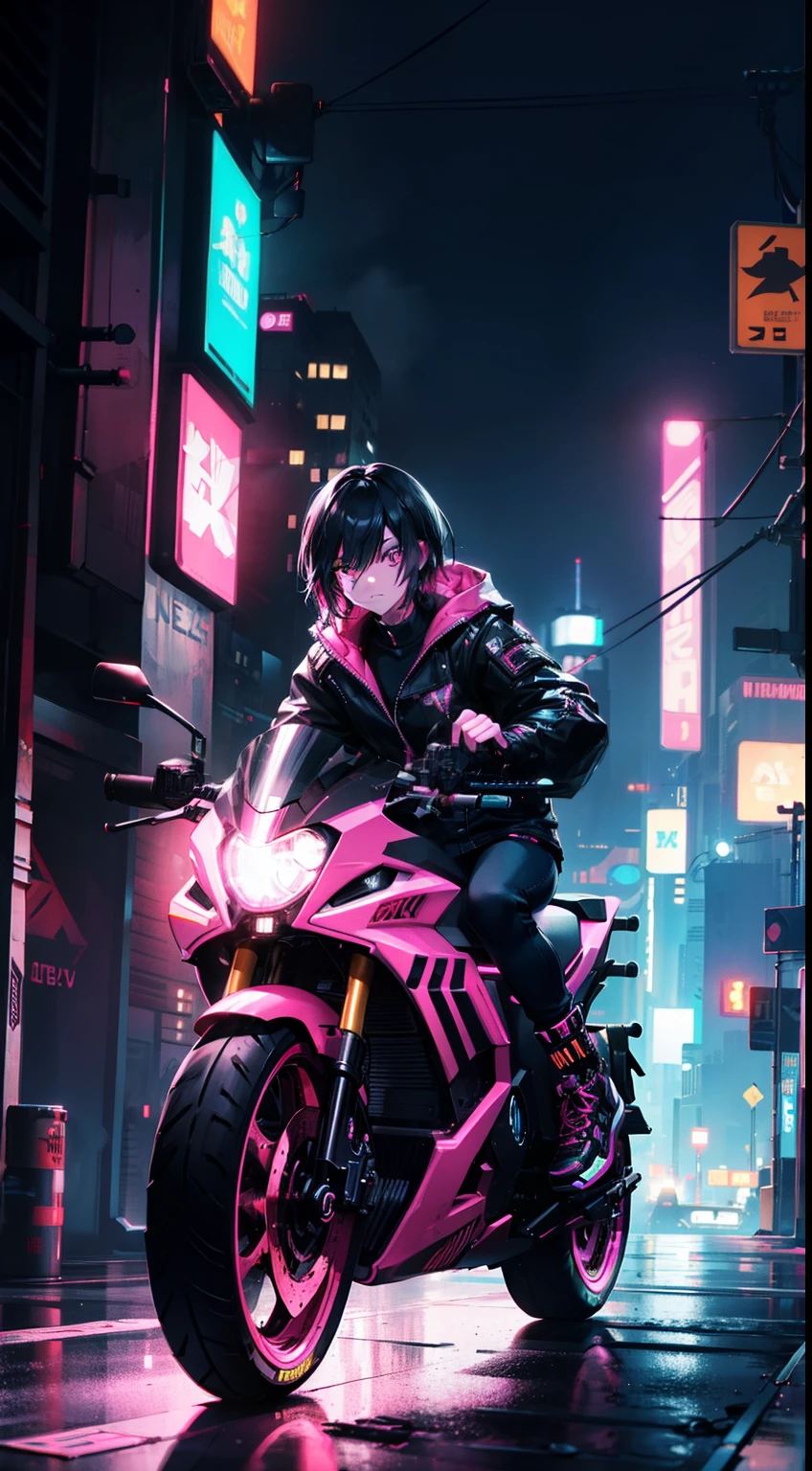 night, chrome, Color Ink cyberpunk illustration Realistic cyberpunk, Dynamic, Energetic, Strong Anatomy, Bold, Vibrant Colors Dramatic light and Shadows, Epic and Heroic Themes, Meticulous Attention to Details Skillful Rendering and Texturing, asian woman, cool, short black hairs, orange jacket, black jeans, pink Sneakers, glowing Laces, glowing bracelet, riding a pink scateboard, neon glowing weels, cyberpunk, cinematic neon cityscape, Dynamic pose, jumping on scateboard