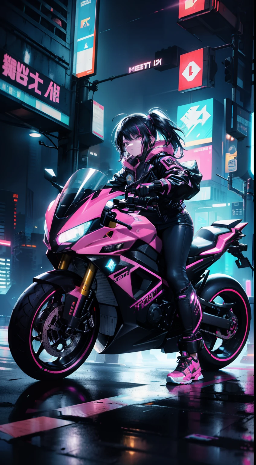 night, chrome, Color Ink cyberpunk illustration Realistic cyberpunk, Dynamic, Energetic, Strong Anatomy, Bold, Vibrant Colors Dramatic light and Shadows, Epic and Heroic Themes, Meticulous Attention to Details Skillful Rendering and Texturing, asian woman, cool, short black hairs, orange jacket, black jeans, pink Sneakers, glowing Laces, glowing bracelet, riding a pink scateboard, neon glowing weels, cyberpunk, cinematic neon cityscape, Dynamic pose, jumping on scateboard