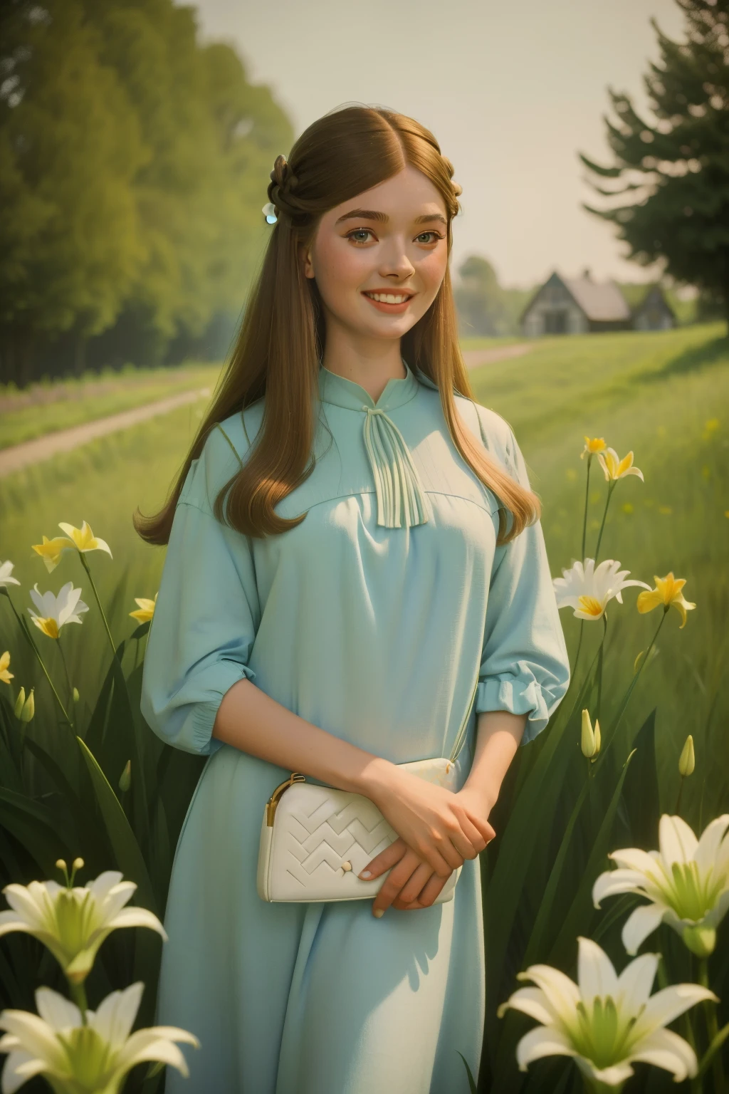 1966, Dubuque, Iowa. Pre-raphaelite Kristine Froseth, country house, idilic, tall grass, lillies, irises, rill, hill, (((smile))), ((((casual clothing from the 1960s)))), ((Hairstyle of the 1960s)), ((Wes Anderson cinematic style)), colorful
