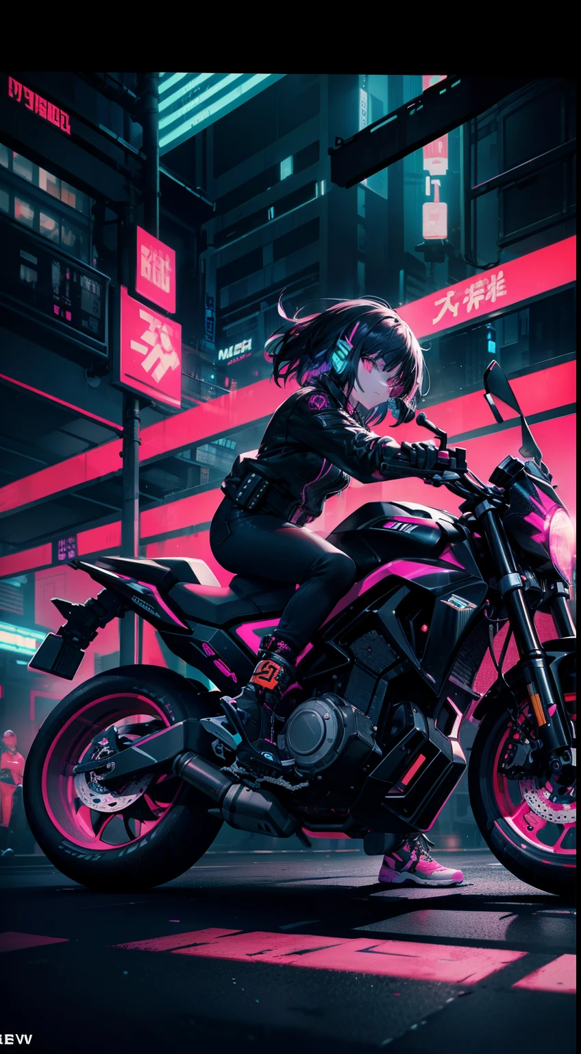 night, chrome, Color Ink cyberpunk illustration Realistic cyberpunk, Dynamic, Energetic, Strong Anatomy, Bold, Vibrant Colors Dramatic light and Shadows, Epic and Heroic Themes, Meticulous Attention to Details Skillful Rendering and Texturing, asian woman, cool, short black hairs, orange jacket, black jeans, pink Sneakers, glowing Laces, glowing bracelet, riding a pink scateboard, neon glowing weels, cyberpunk, cinematic neon cityscape, Dynamic pose, jumping on scateboard