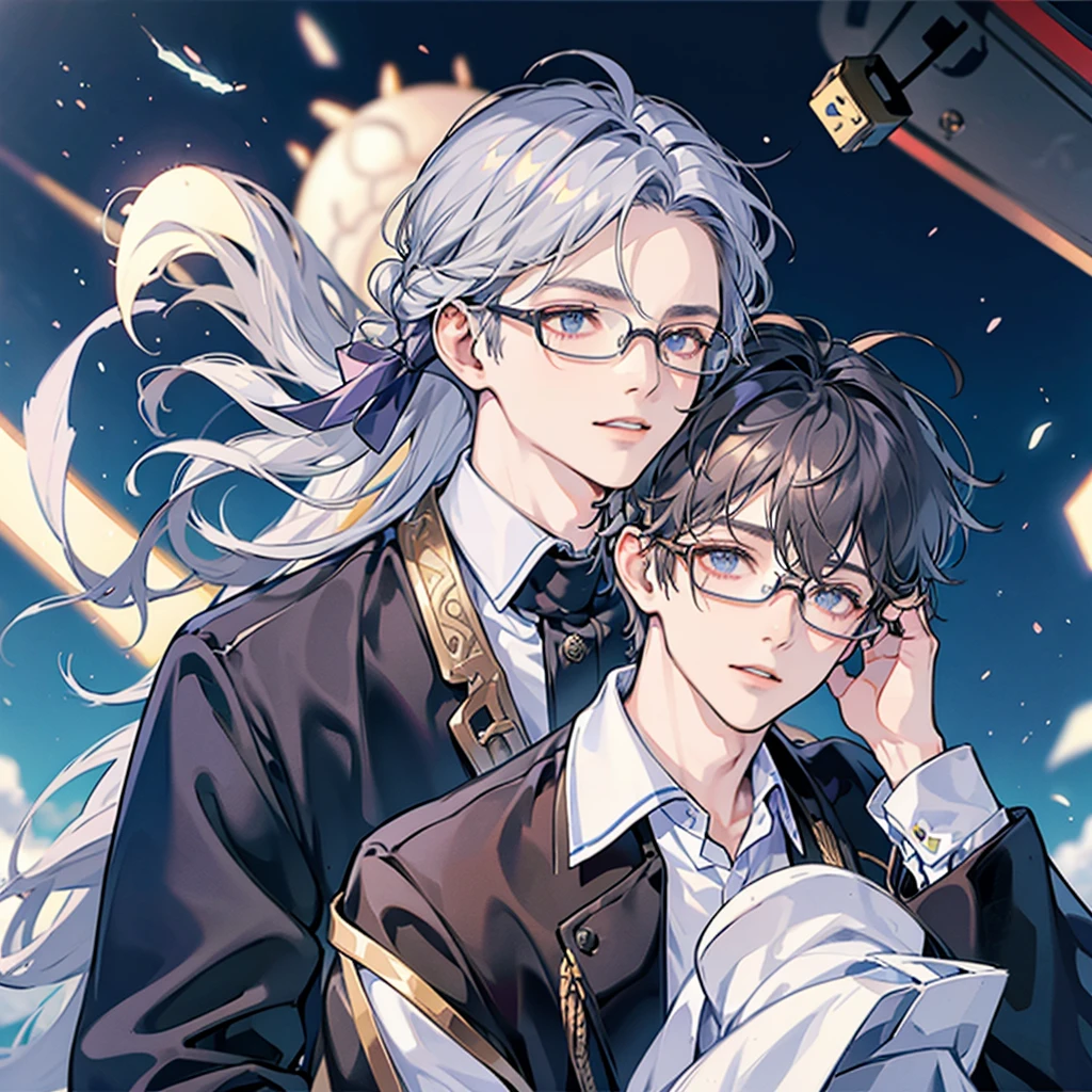 headset on head,silber hair,Heteropupil,20-year-old boy in school uniform wearing glasses,Behind us is a technological city,Galactic universe,Note background,