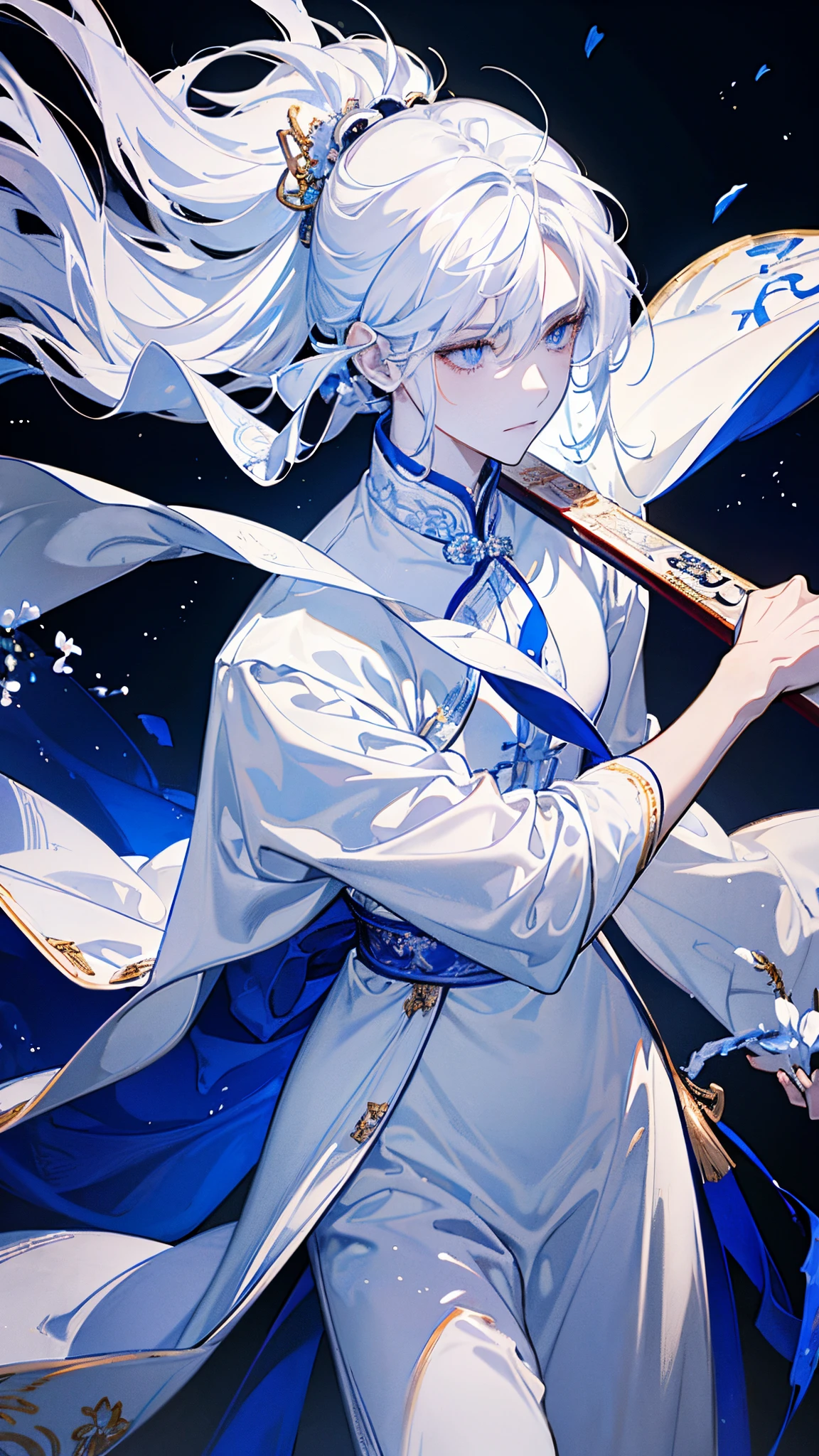 Close-up of a man in a white dress holding a sword,Portraits of Yang Jie,Popularity in the CG community,Fantasyart,Belle peinture de personnage,Guviz style artwork,Guwitz,white hanfu,A flowing white robe,full-body wuxia,Epic and beautiful character art,Stunning character art,cold male killer