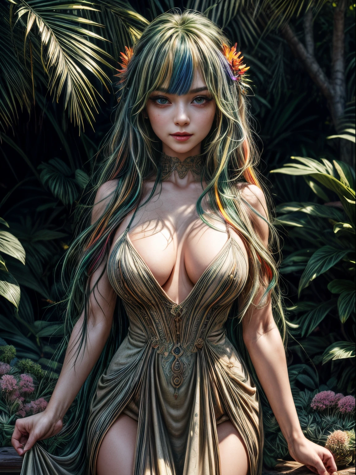 masterpiece, best quality, 1girl, (finely detailed beautiful eyes and detailed face), cinematic lighting, upper body shot, long hair, green hair, colored eyelashes, brown eyes, small breasts, fully clothed dress, thick long dress, outdoor, flowers, succulent plant, (Colorful:1.3), naughty face,