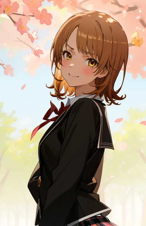 masutepiece, High quality, Best Quality, High resolution, 4K, High Definition, Beautiful lighting, Highly detailed face, well-drawn hands, well-drawn legs, well-drawn feet, (((well-drawn eyes))),1girl in, iroha, Brown hair, Short hair, Yellow eyes,  sobu highschool uniform, Black Blazer, PINK SHIRT, Red Ribbon, plaid skirts, Standing , Small face, smirking, From Side, Upper body only, The morning sun brightens everything,Looking at the viewer,camera sunlight, close up of face, face in photo　Black tights