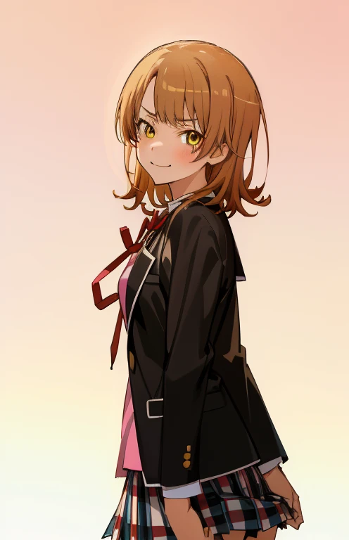 masutepiece, High quality, Best Quality, High resolution, 4K, High Definition, Beautiful lighting, Highly detailed face, well-drawn hands, well-drawn legs, well-drawn feet, (((well-drawn eyes))),1girl in, iroha, Brown hair, Short hair, Yellow eyes,  sobu highschool uniform, Black Blazer, PINK SHIRT, Red Ribbon, plaid skirts, Standing , Small face, smirking, From Side, Upper body only, The morning sun brightens everything,Looking at the viewer,camera sunlight, close up of face, face in photo　Black tights