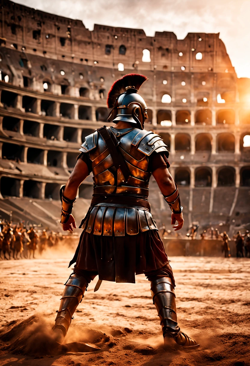 cinematic photo cinematic film still An epic historical scene depicting a detailed gladiator in the arena,bathed in the warm hues of a soft sunset,(colosseum ambiance:1.4),(dusty arena floor:1.3),(intense gladiatorial battle:1.4),Historical cinematic style,inspired by Gladiator and Spartacus,(grand and dramatic:1.4),UHD,Highly detailed,(captivating:1.3),(historically accurate and immersive:1.2),(sunset allure:1.3),shallow depth of field,vignette,high budget Hollywood film,bokeh,cinemascope,moody,epic,gorgeous,film grain,35mm photograph, (best composition), ultra-wide-angle, octane render, enhance, intricate, (best quality, masterpiece, Representative work, official art, Professional, unity 8k wallpaper:1.3)