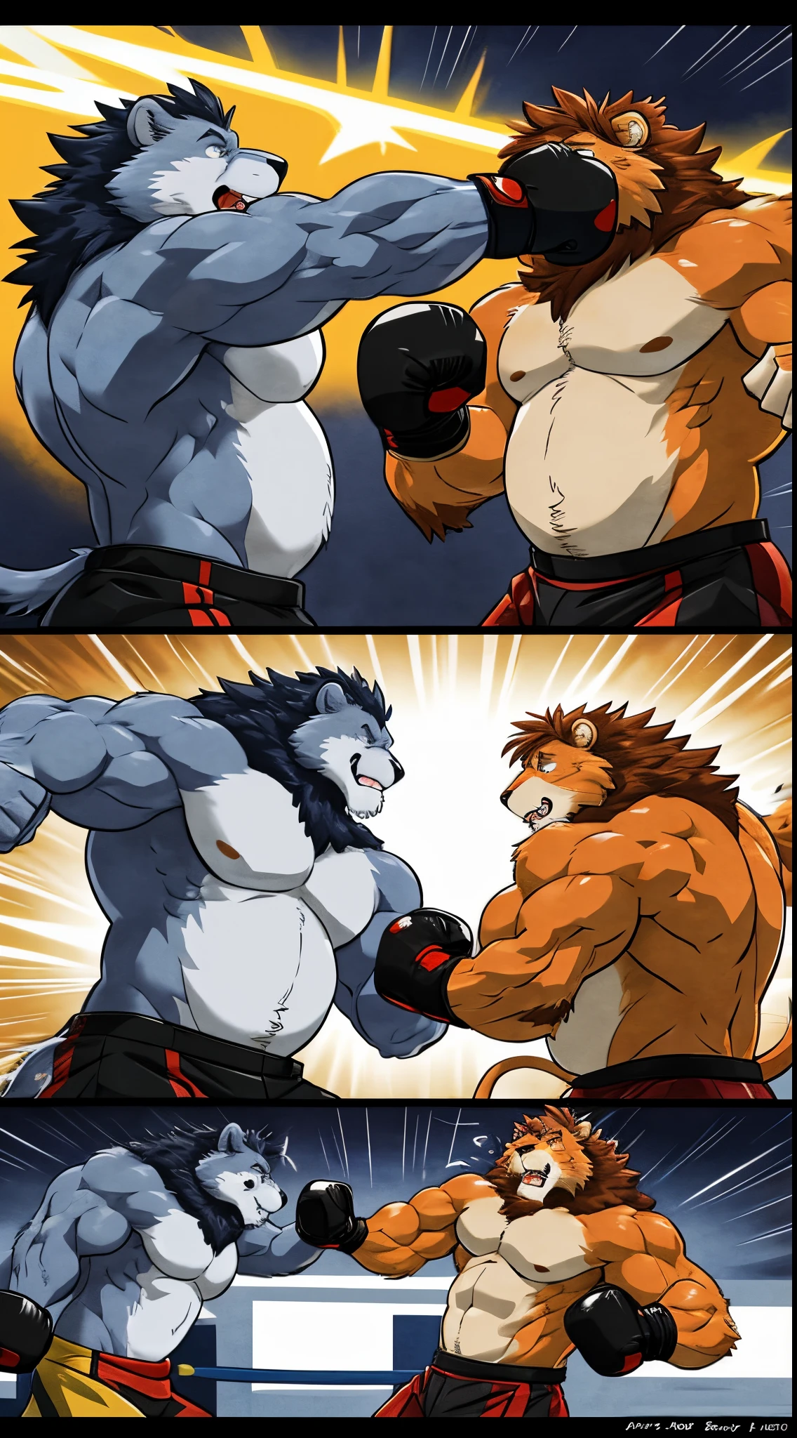 (ultra quality):1.4,color, smooth comics style, takemoto_arashi style, wfa style, two characters, two anthro lionman, muscles:1, massive build, vascular veins, anime martial arts, sweat, strong:1 masuline, boxing ring, fighting:1 scene, (body blow):1.4 punching, throwing blows, dynamic:1 scene, punching stomach, gut punching, (fist punching:1 stomach, fist touching stomach, fist over stomach):1.4, punching each other