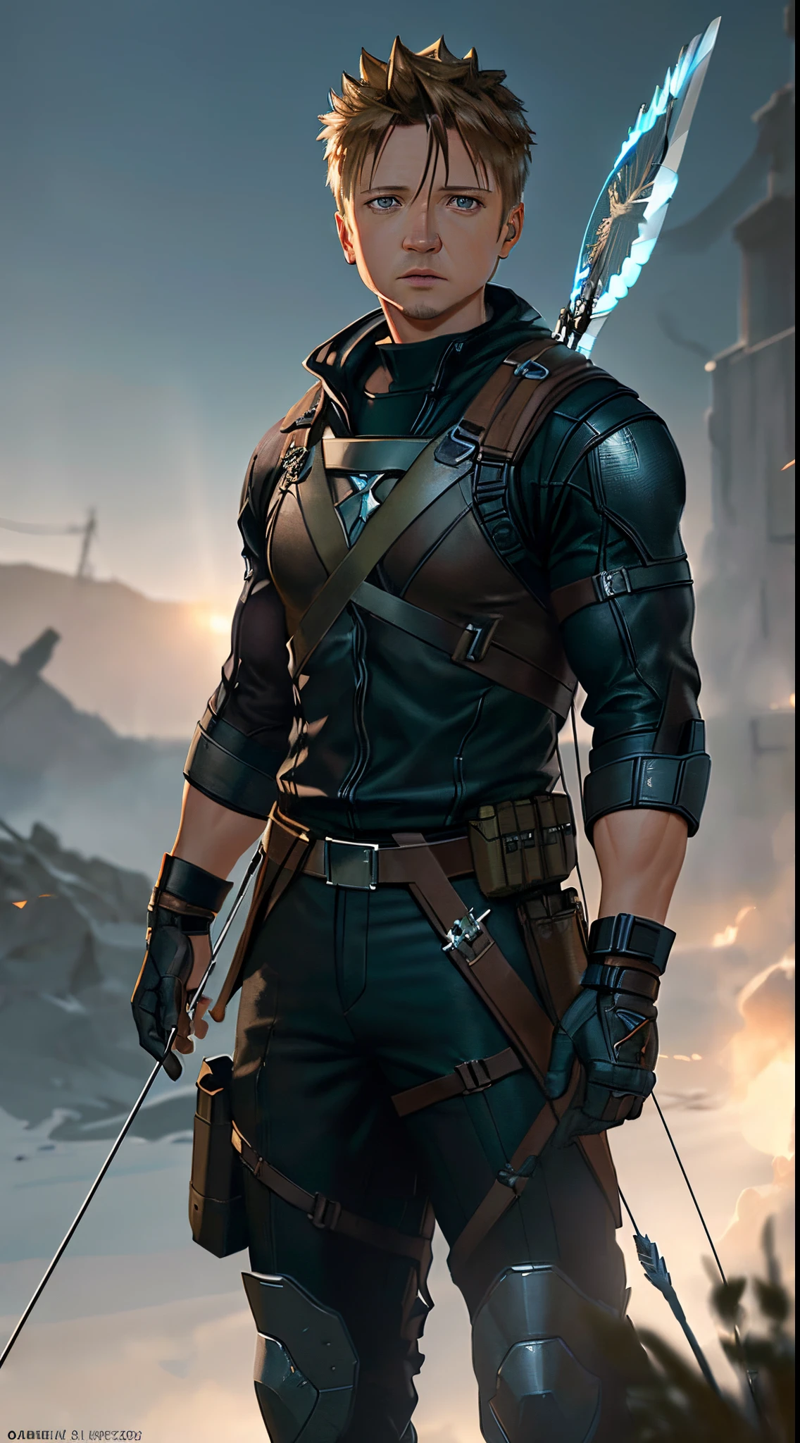 (capture the heroic aura and Hawkeye of Jeremy Renner), (photorealistic), (soft and cinematic lighting), (ultra-realistic details), (ultra-high definition, 16k resolution), (high-quality texture of Octane), (trend in ArtStation), using his bow and arrow, male focus