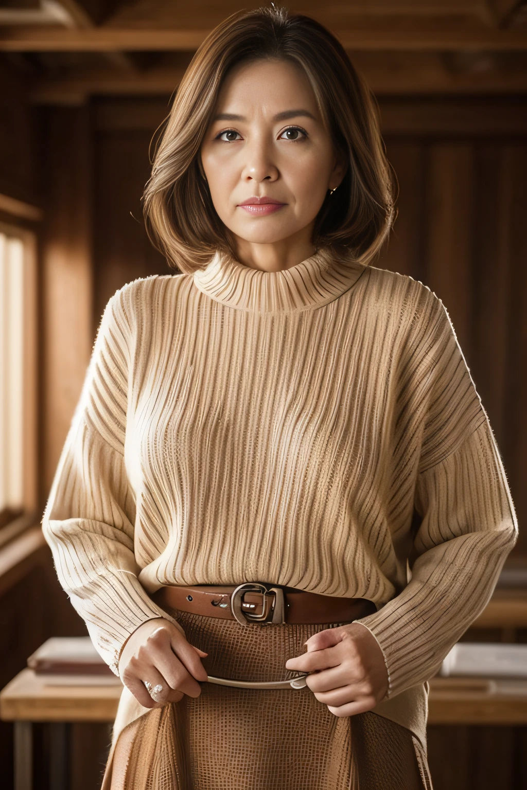 top-quality, masterpiece, hight resolution, Photorealsitic, profetional lighting, ighly detailed, depth of fields, ((One beautiful woman)), ((70yo)), Female sexy, Classroom, ((tight sweater, skirt by the)), Detailed face, beautidful eyes, bangss, small breasts of good shape, Light Brown Straight Hair, Faint lips, ((Stand forward、gazing at viewer, Serious face)), cowboy shot, sharp,