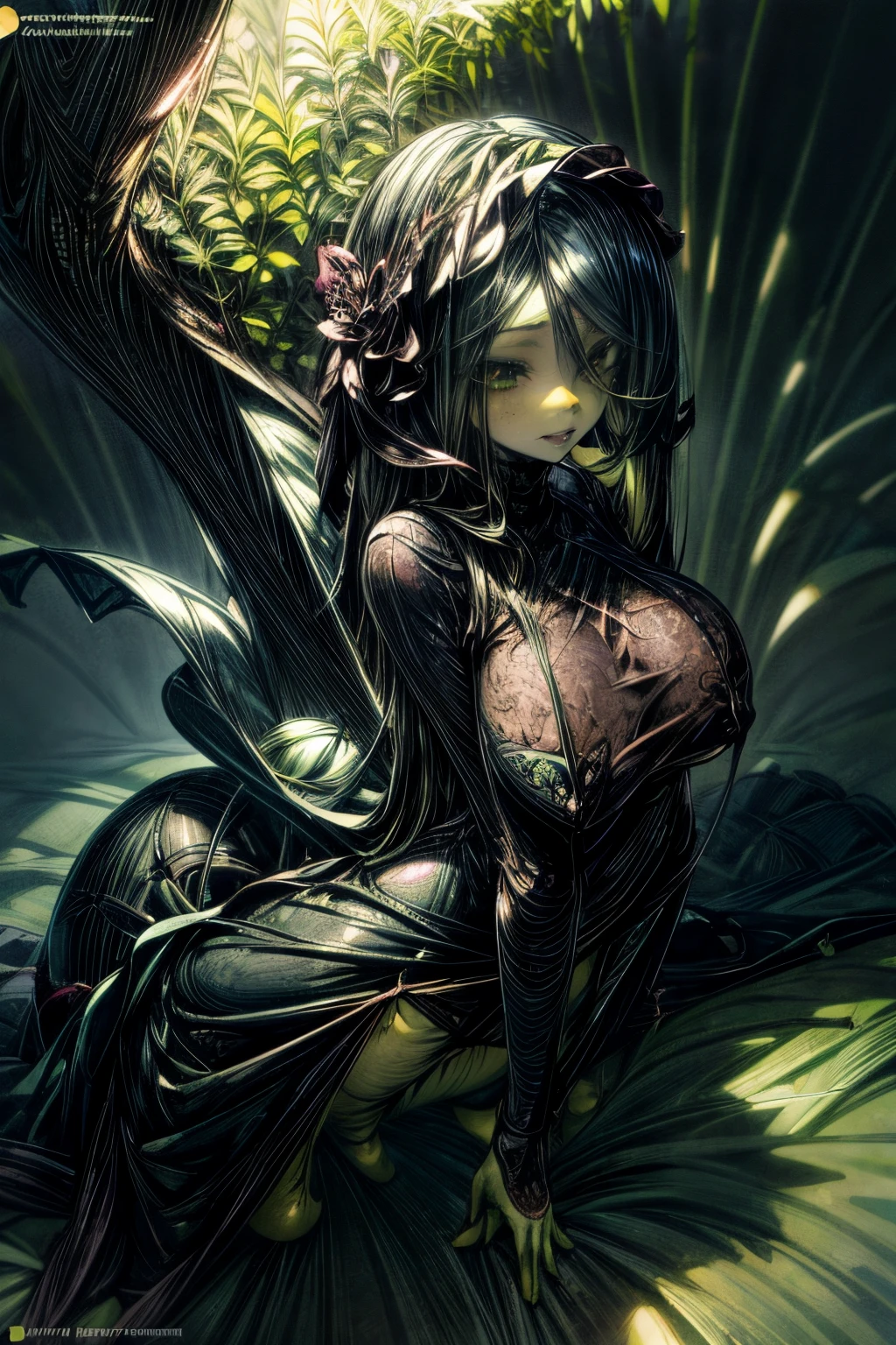 masterpiece, best quality, 1girl, (finely detailed beautiful eyes and detailed face), cinematic lighting, full body shot, long hair, green hair, (green skin:1.5), colored eyelashes, brown eyes, small breasts, fully clothed dress, thick long dress, forest, flowers, succulent plant, (Colorful:1.3), naughty face, giga_busty