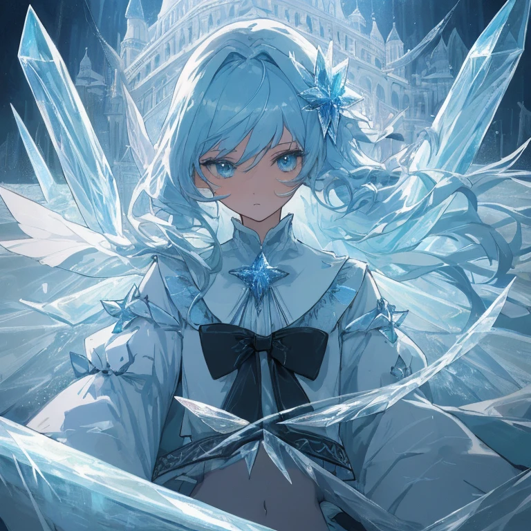 (((masterpiece))),best quality, illustration,(beautiful detailed girl),beautiful detailed glow,detailed ice,beautiful detailed water,(beautiful detailed eyes),expressionless,beautiful detailed white gloves, (floating palaces:1.3),azure hair,disheveled hair,long bangs, hairs between eyes, (skyblue dress),black ribbon,white bowties,midriff,big forhead,blank stare,flower,large top sleeves,(((ice crystal texture wings)))