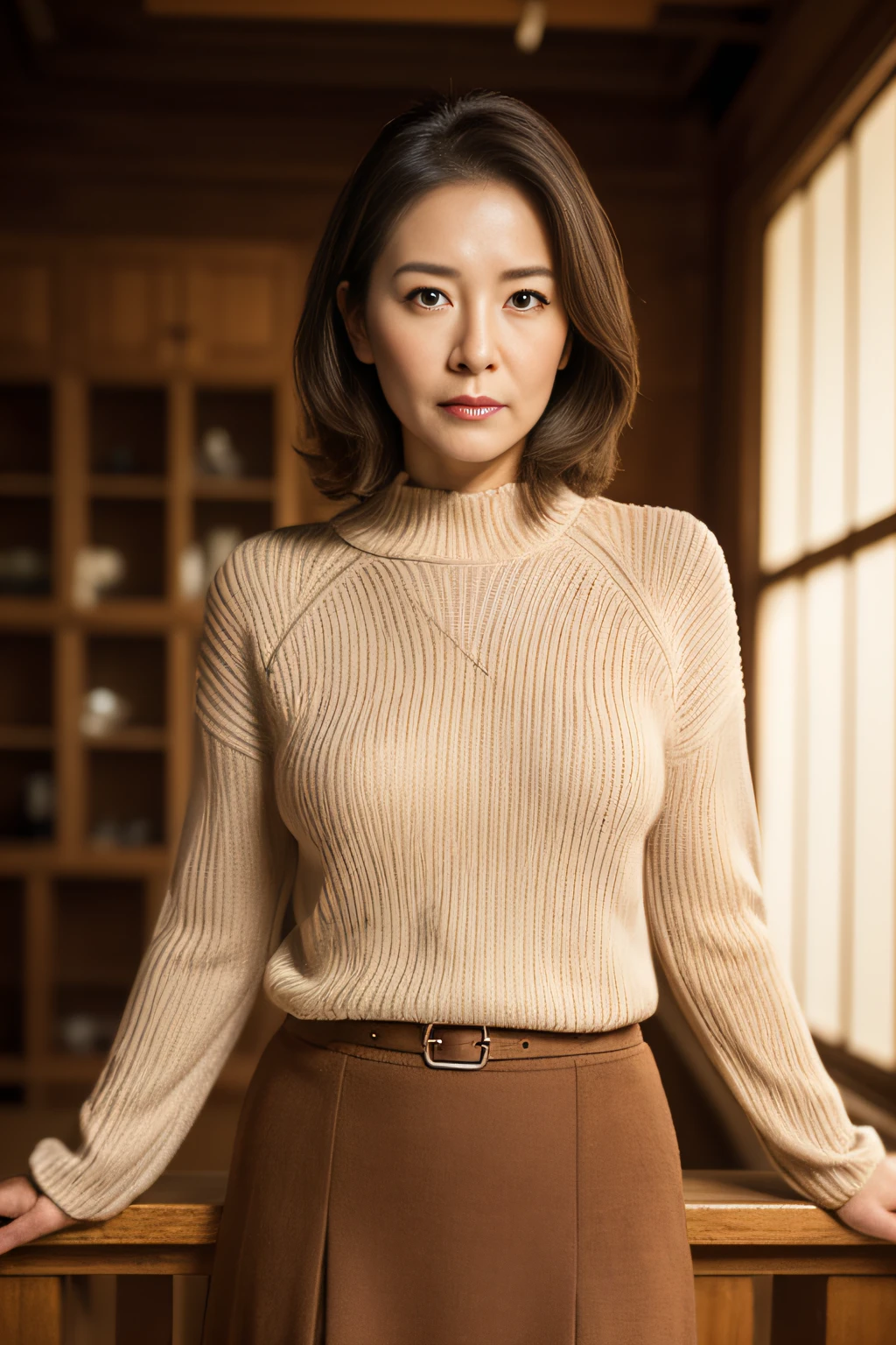 top-quality, ​masterpiece, hight resolution, Photorealsitic, profetional lighting, ighly detailed, depth of fields, ((One beautiful woman)), ((70yo)), Female sexy, ‎Classroom, ((tight sweater, skirt by the)), Detailed face, beautidful eyes, bangss, small breasts of good shape, Light Brown Straight Hair, Faint lips, ((Stand forward、gazing at viewer, Serious face)), cowboy  shot, sharp,