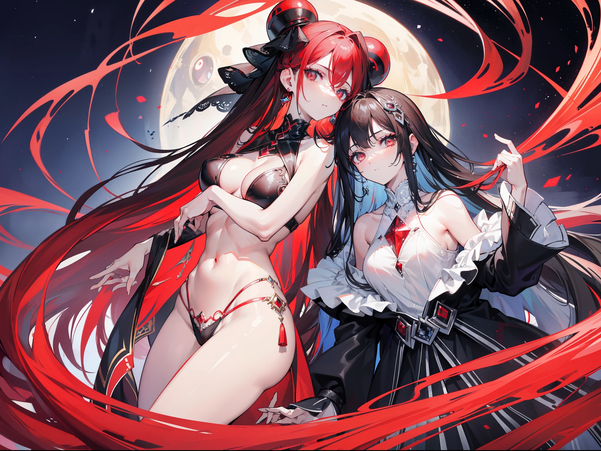 (Elaborate Eyes),(Clear and beautiful eyes:1.61),tmasterpiece, ung girls,(Black clothes and some red gemstones), cabelos preto e longos, (She has a huge red gemstone on her chest), nice hand,((The Havoc of StarCraft)),fully body photo,Fighting posture,(red eyes:1.466),small stature,(pubic hair very large:1.35),(Nice face),(fully body photo:1.33),beautiful hand,(Bare-chest:1.22),