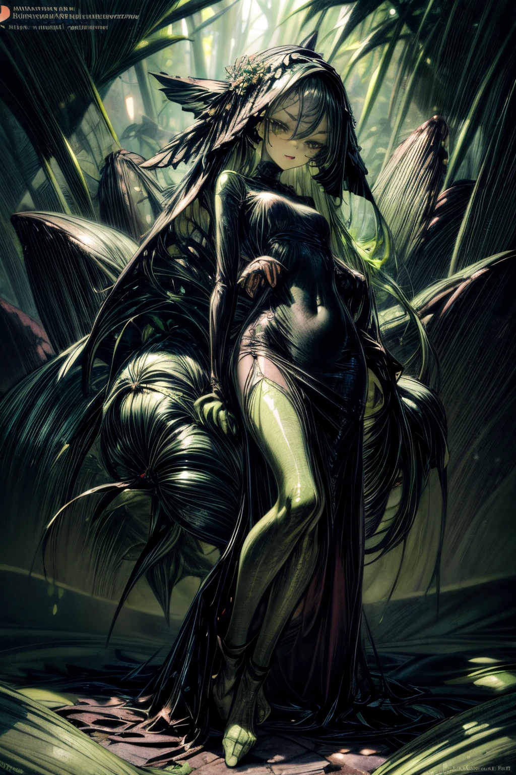 (Morrigan Darkstalkers: 1.5), Solo, Night Warp, Full Moon, Bewitching Smile, Detailed Beautiful Face, Perfect Human Body, Golden Glowing Eyes, Angle from Below, , Masterpiece, 8K, (Dynamic Shot: 1_5), Full Body, Symmetry, Oil Painting, Borminette Lighting,