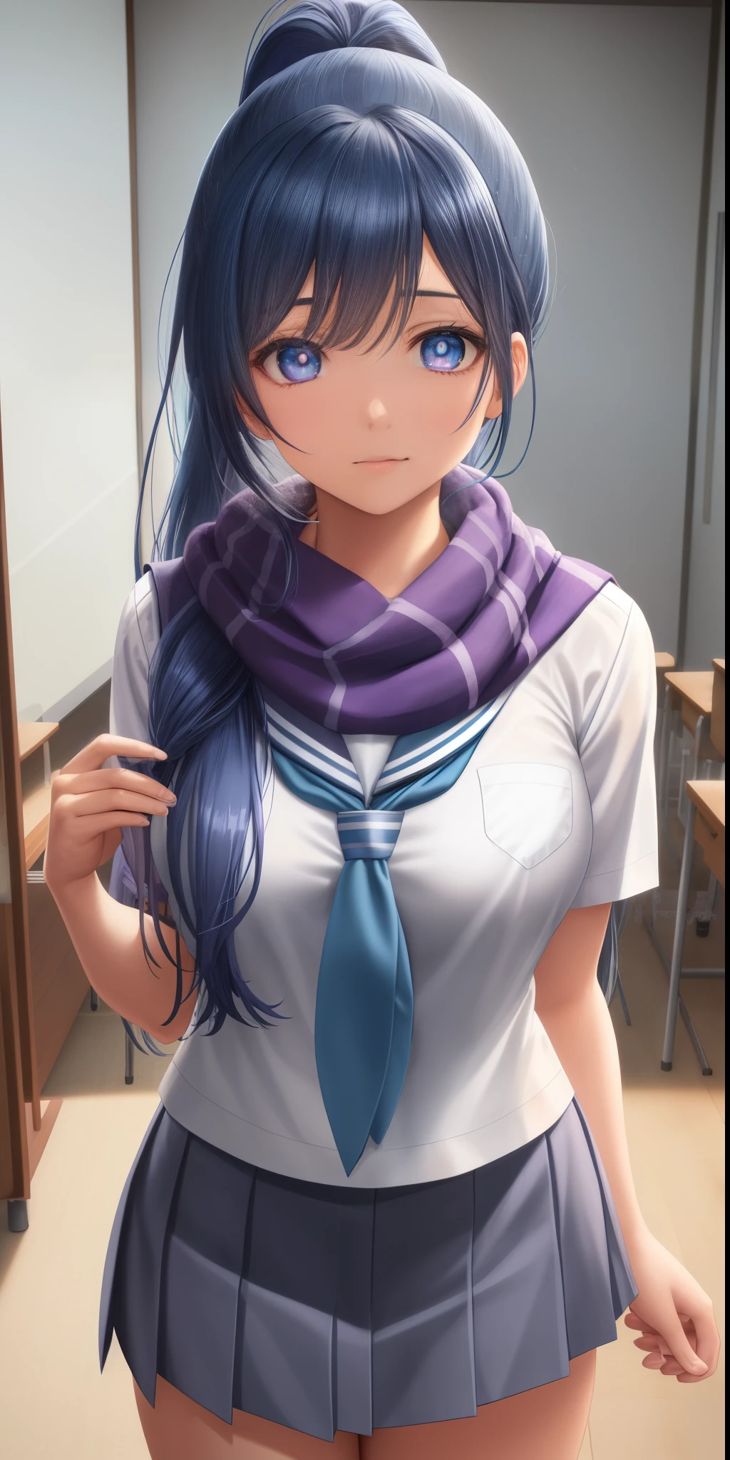 kananmatsuura, Kanan Matsuura, blue hair, long hair, ponytail, (Purple eyes:1.1), Side locks, (medium breast:1.2), break aqua scarf, gray sailor necklace, gray skirt, miniskirt, Scarf, pleated skirt, sailor necklace, sailor shirt, School uniform, Serafuku, shirt, skirt, summer uniform, Uranohoshi school uniform, white shirt, break looking at viewer, BURGLARY indoors, classroom, break (piece master:1.2), best quality, very high resolution, Unity 8k wallpaper, (illustration:0.8), (beautiful eyes detailed:1.6), Extremely detailed face, perfect lighting, extremely detailed CG, (perfect hands, anatomy