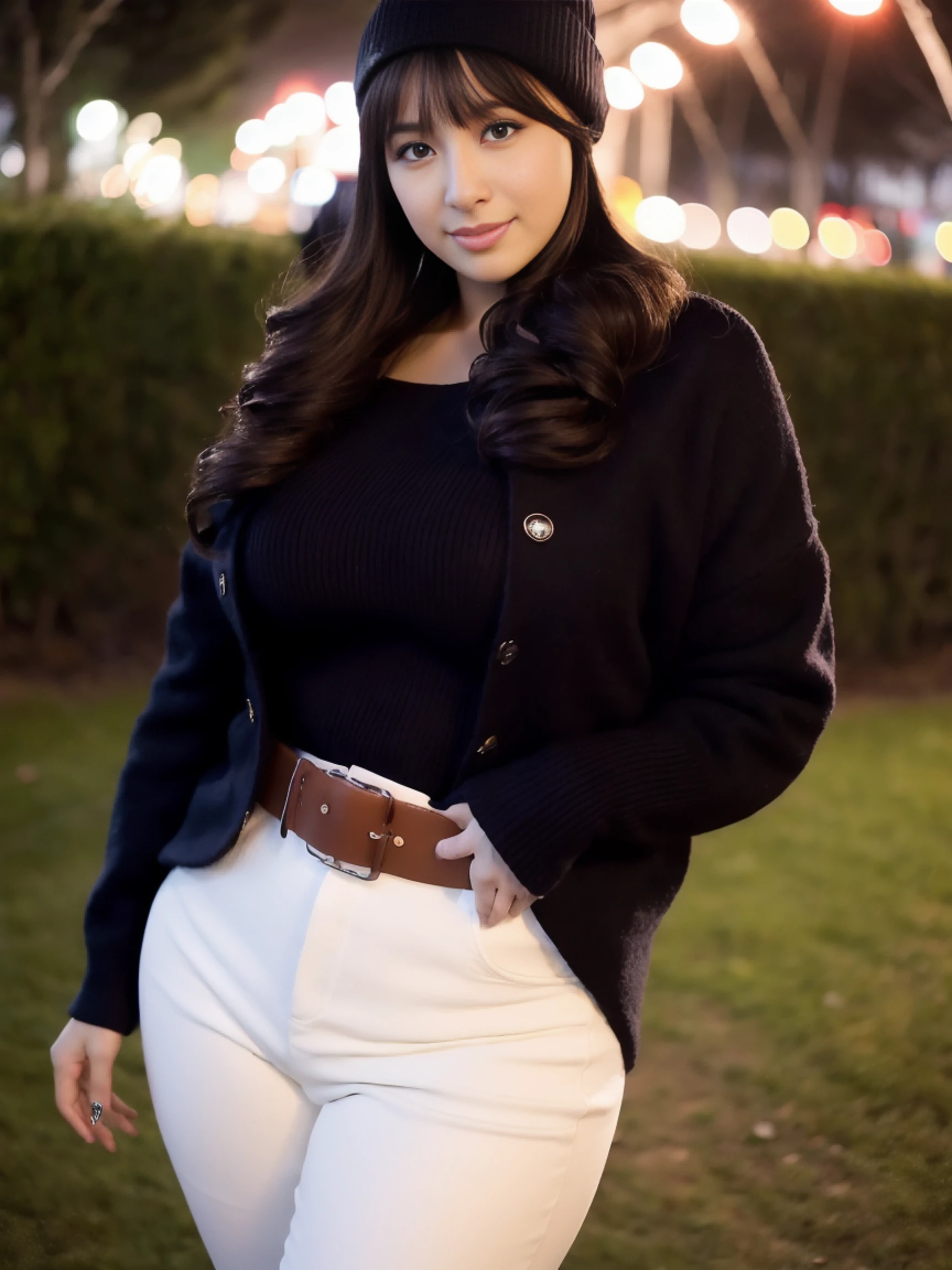 Beautiful sensual woman with curvaceous body, Long hair, Bangs, french braids, Widest waist, Fit chest, curvy accentuated booty, Sparkling eyes, long eyelashes, thick thighs, Strong calves, Smirk, Tania Ayusilegar, she is wearing a red wool coat, black pullover, White trousers, Belt bag, Beanie, She is in a dark and poorly lit park., winter night, Yuki, Photorealistic, masutepiece, Bokeh, Volumetric lighting, winter atmosphere, Close Up Shot