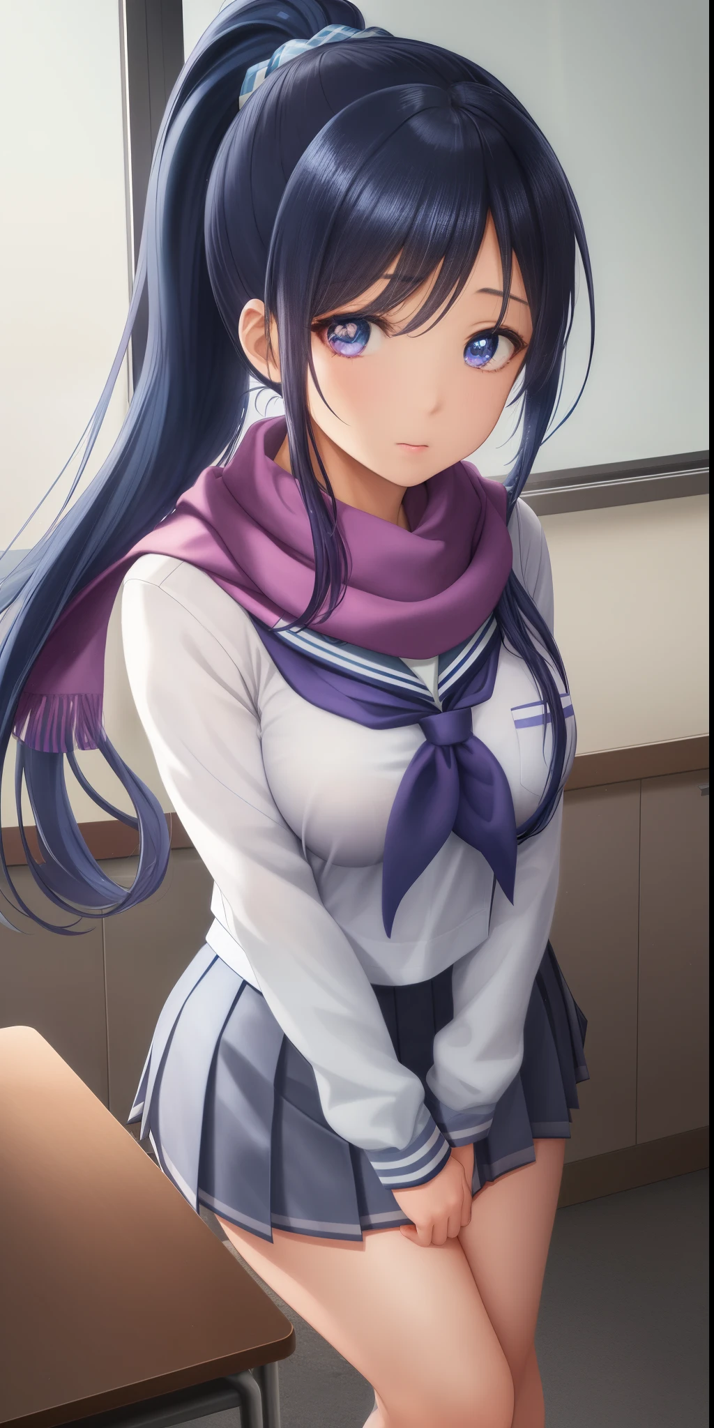kananmatsuura, Kanan Matsuura, blue hair, long hair, ponytail, (Purple eyes:1.1), Side locks, (medium breast:1.2), break aqua scarf, gray sailor necklace, gray skirt, miniskirt, Scarf, pleated skirt, sailor necklace, sailor shirt, School uniform, Serafuku, shirt, skirt, summer uniform, Uranohoshi school uniform, white shirt, break looking at viewer, BURGLARY indoors, classroom, break (piece master:1.2), best quality, very high resolution, Unity 8k wallpaper, (illustration:0.8), (beautiful eyes detailed:1.6), Extremely detailed face, perfect lighting, extremely detailed CG, (perfect hands, anatomy