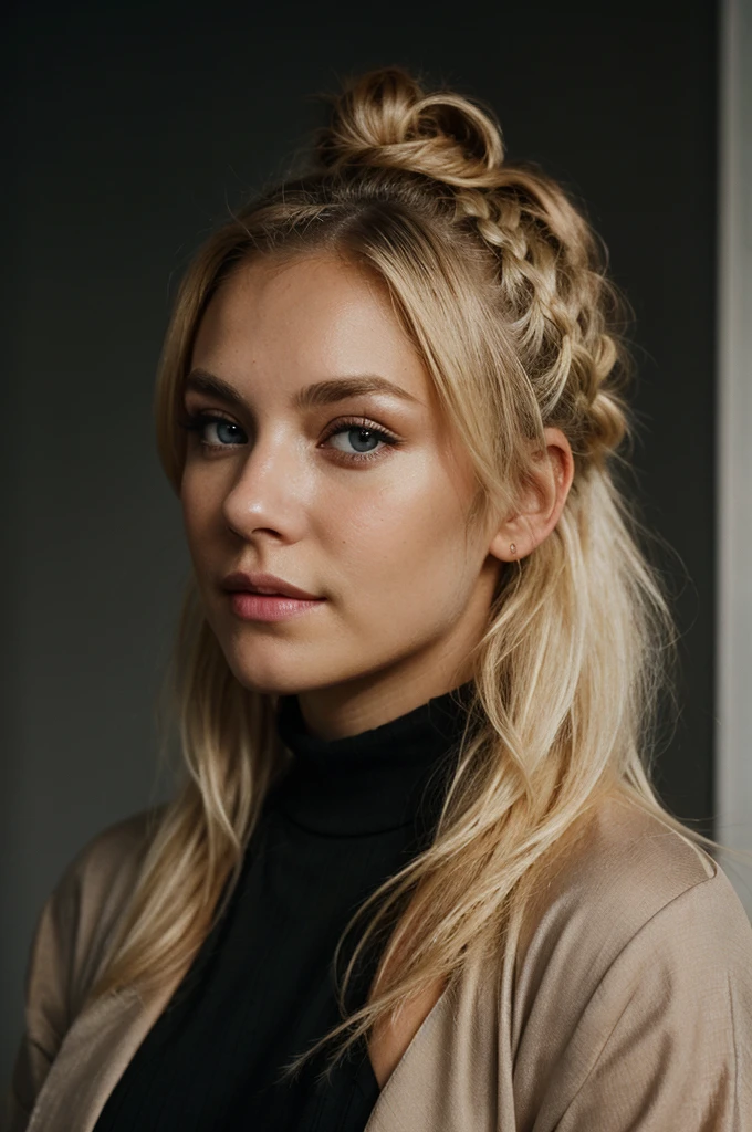 A (portrait photography: 1.2) close up portrait of a mix between Samara Weaving and Charlize Theron as a gorgeous 22 years old fantasy prostitute, pale blonde hair, big single long braid, fantasy prostitute nice fabric clothes, intellingent look, enticing smile, in a big medieval fantasy city, overcast, cinematic lighting, Canon EOS 5D Mark IV