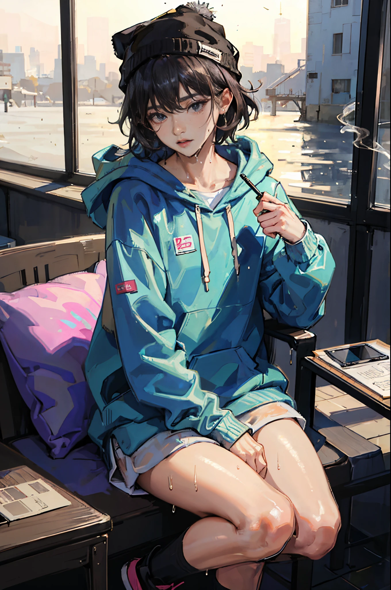 Jeon Jungkook is wearing a hoodie, her short black hair is a little wet, destacando seu maxilar marcado. Your eyes are half-squinted, giving off a relaxed expression. Ele segura um vape com destreza, complementando sua imagem com um toque moderno.