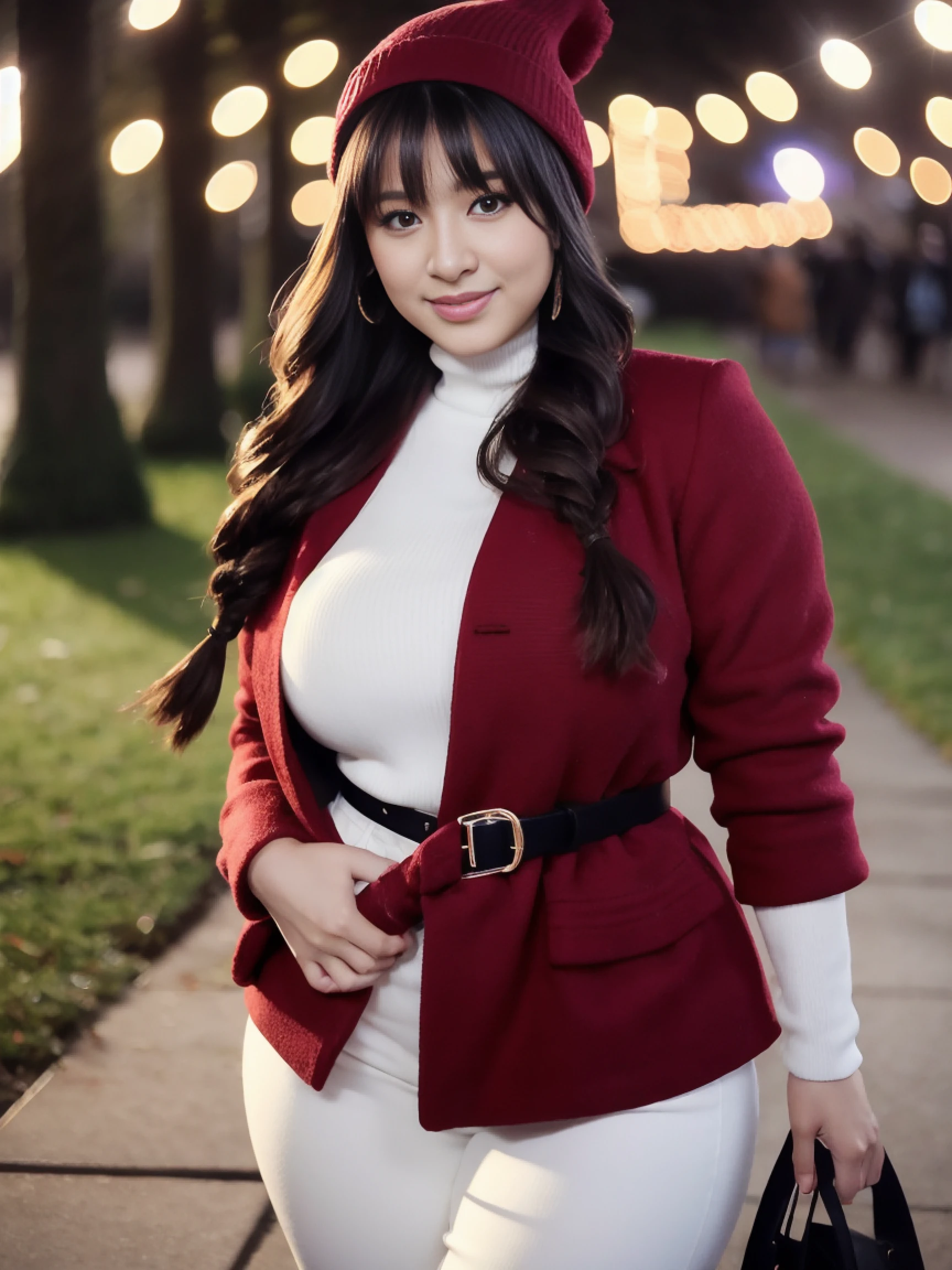 Beautiful sensual woman with curvaceous body, Long hair, Bangs, french braids, Widest waist, Fit chest, curvy accentuated booty, Sparkling eyes, long eyelashes, thick thighs, Strong calves, Smirk, Tania Ayusilegar, she is wearing a red wool coat, black pullover, White trousers, Belt bag, Beanie, She is in a dark and poorly lit park., winter night, Yuki, Photorealistic, masutepiece, Bokeh, Volumetric lighting, winter atmosphere, Close Up Shot