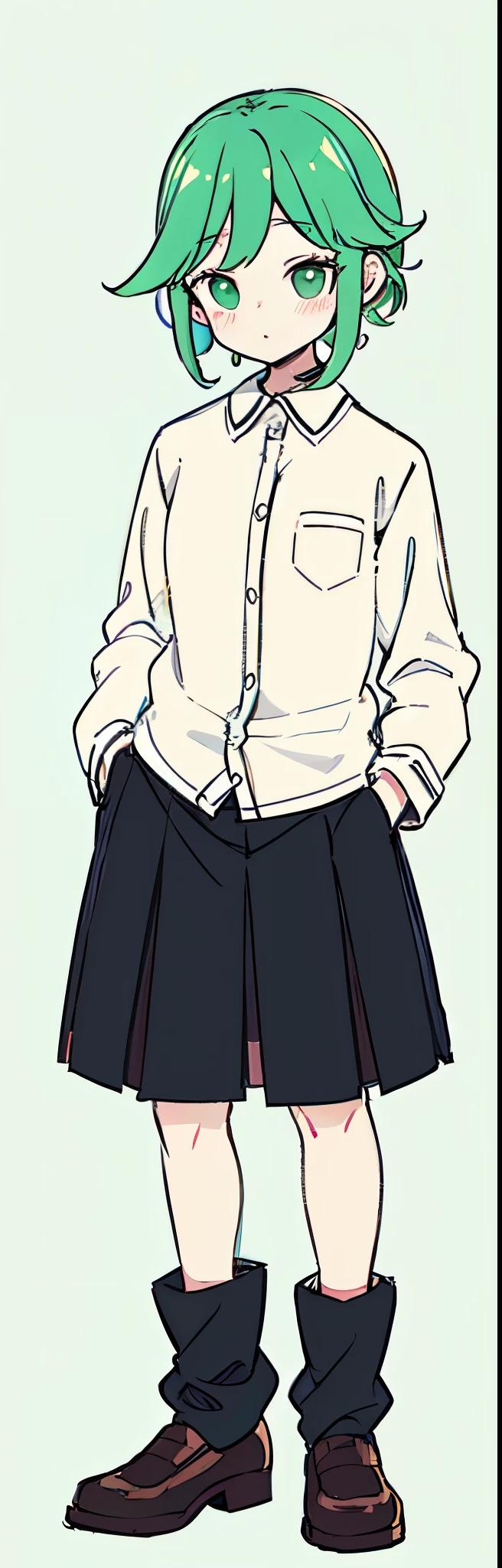 Green hair cartoon girl, white shirt and black skirt, as an anime character, Xinhai sincerely, chihiro! fujisaki, magic school student uniform, JK school uniform, White shirt and green skirt, in school uniform, in school uniform, short full body portrait!, !!full-body portraits!!, Aya Takano color style