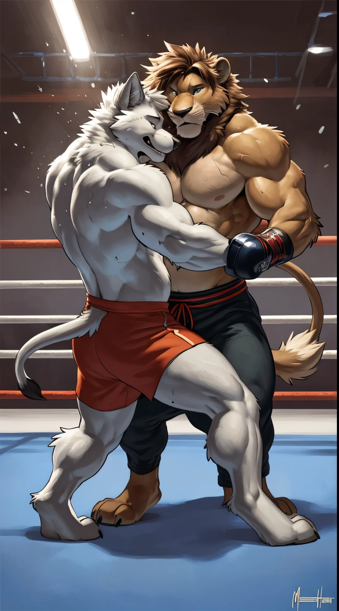 Duo male(Brown Kangaroo vs Brown Kangaroo, handsomes, perfect eyes, Thick eyebrows), gay(Cuddling embraced from behind, full body frottage, in a UFC match), hot(Shirtless), handsomes(They are handsomes, correct anatomy), musculosos(Big muscle bodies, Six packs, muscle abs, big pecs, muscle backs), sweaty(very sweaty wet bodies, shiny sweat), tatuajes(they have tattoos), Angry(They have an angry expression), UFC gloves(They both are wearing black UFC gloves), boxers(They both are wearing black UFC boxers), Hight resolution