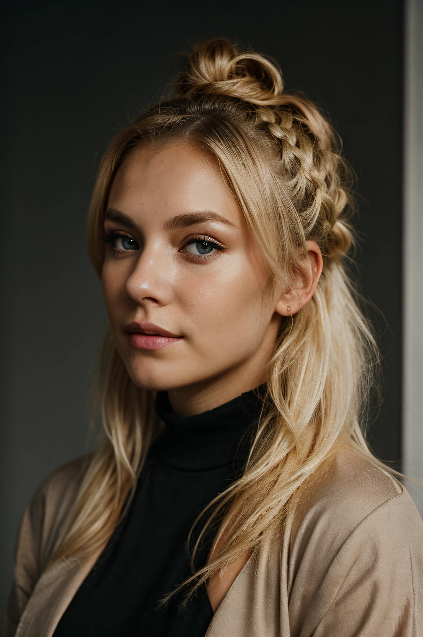 an eye contact of a blond with bun hair and dark theme