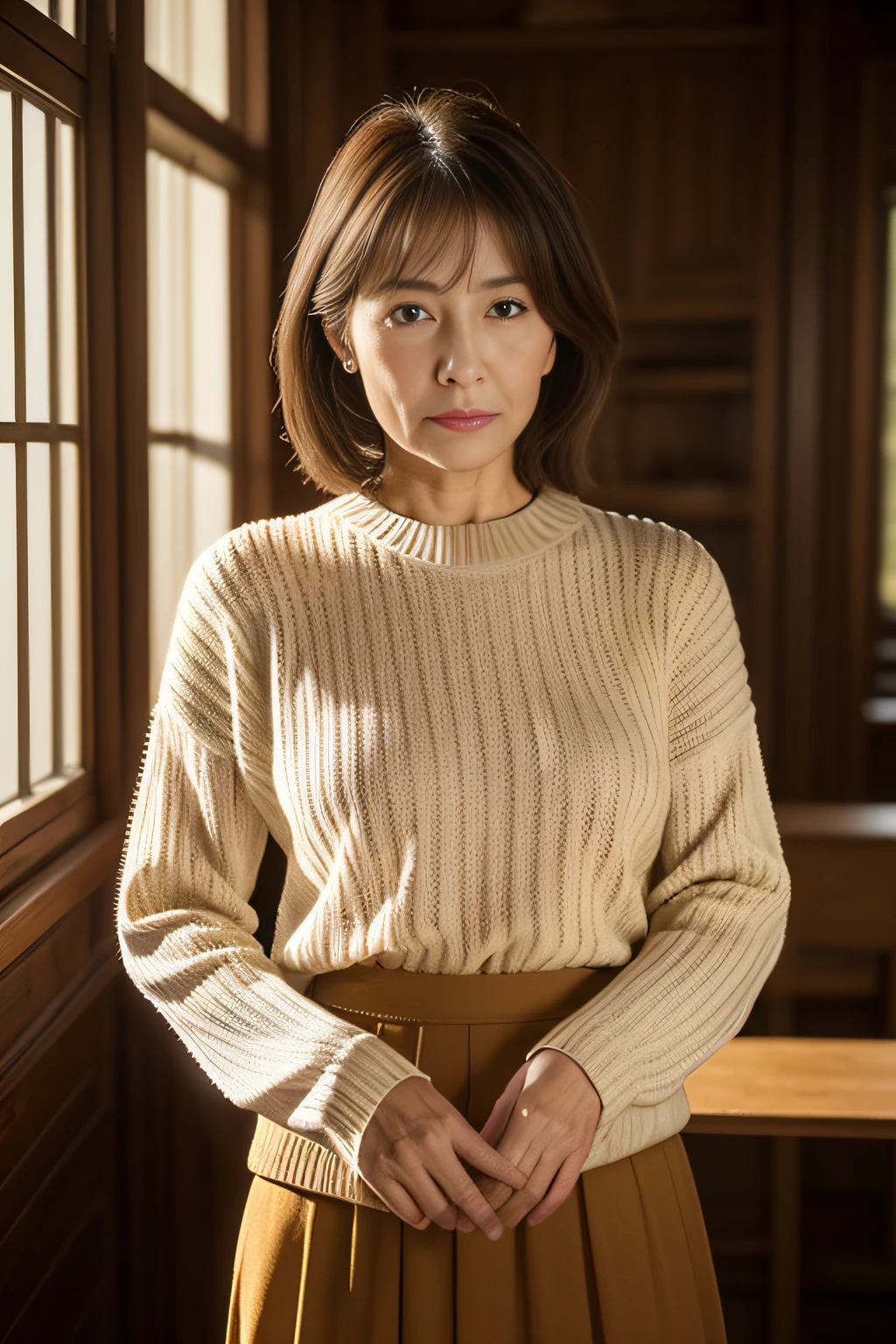 top-quality, masterpiece, hight resolution, Photorealsitic, profetional lighting, ighly detailed, depth of fields, ((One beautiful woman)), ((70yo)), Female sexy, Classroom, ((tight sweater, skirt by the)), Detailed face, beautidful eyes, bangss, small breasts of good shape, Light Brown Straight Hair, Faint lips, ((Stand forward、gazing at viewer, Serious face)), cowboy shot, sharp,