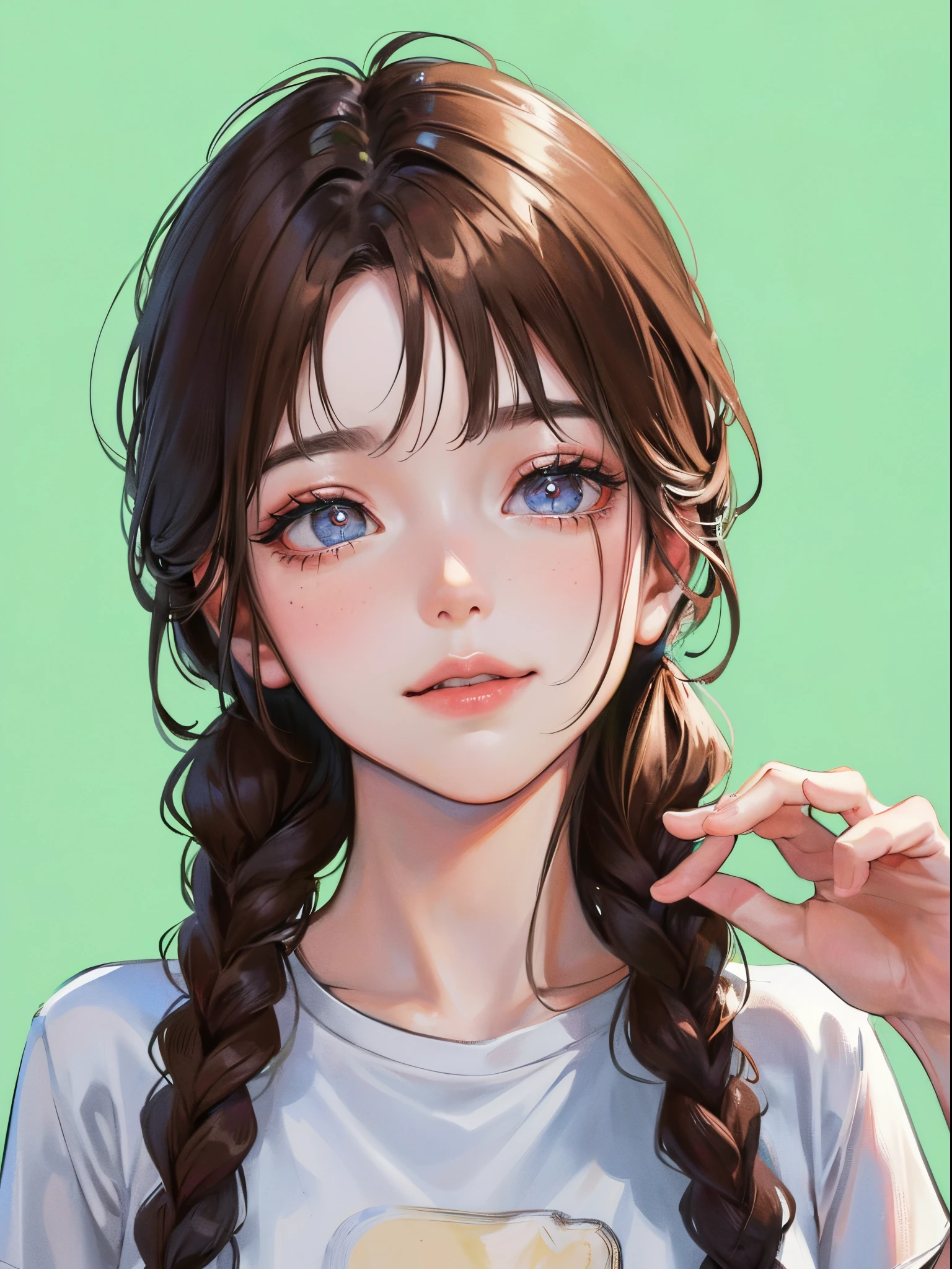 (((1人の女性)))、(Top resolution、Distinct_image) best qualtiy、(((Pop)))、1990's、((colorful backdrop))、((illuminating))、ighly detailed、Semi-realistic、Brown hair、((makeups)),Braided hairstyle、A smile、bangss、20yr old、年轻、((tshirts))、delicated facial features、Facial features、View from below、((Detailed eyes))