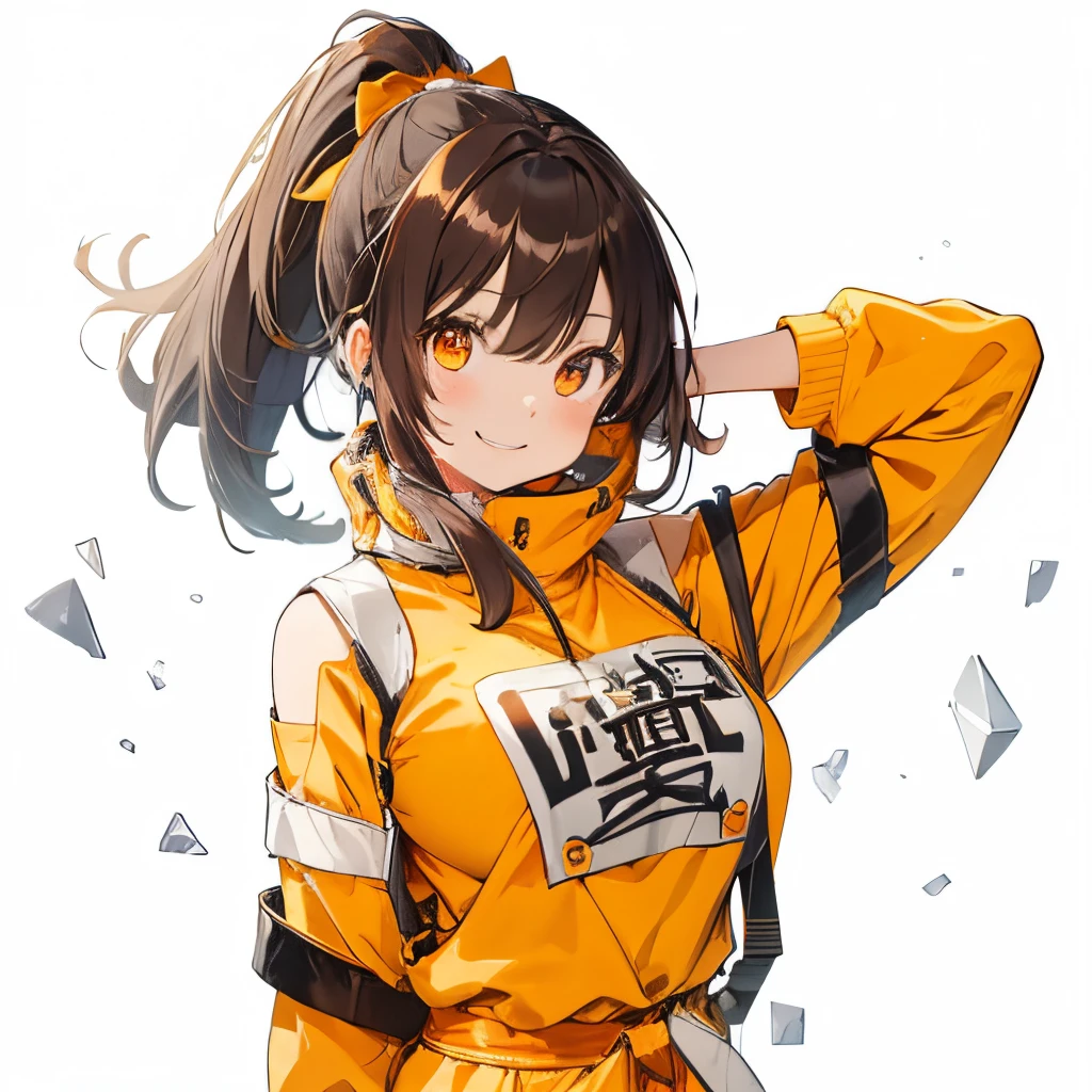 【Highest Quality, masutepiece】 [girl, Manteau, expressioness,deep orange eyes, front facing,dark brown hair,long ponytail hair,yellow knit cloth, Happy, Upper body] (Gray white background:1.2),very happy smile,boobs,