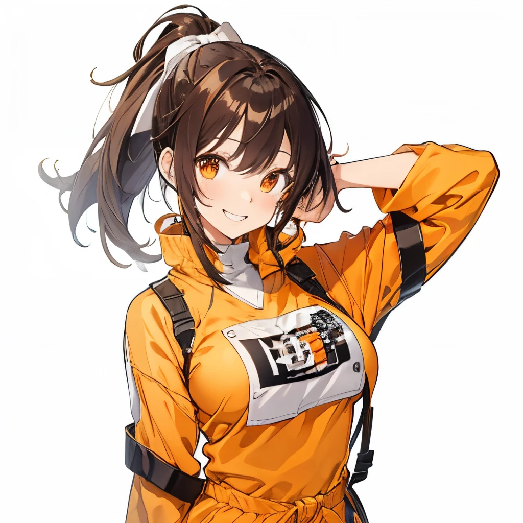 【Highest Quality, masutepiece】 [girl, Manteau, expressioness,deep orange eyes, front facing,dark brown hair,long ponytail hair,yellow knit cloth, Happy, Upper body] (Gray white background:1.2),very happy smile,boobs,