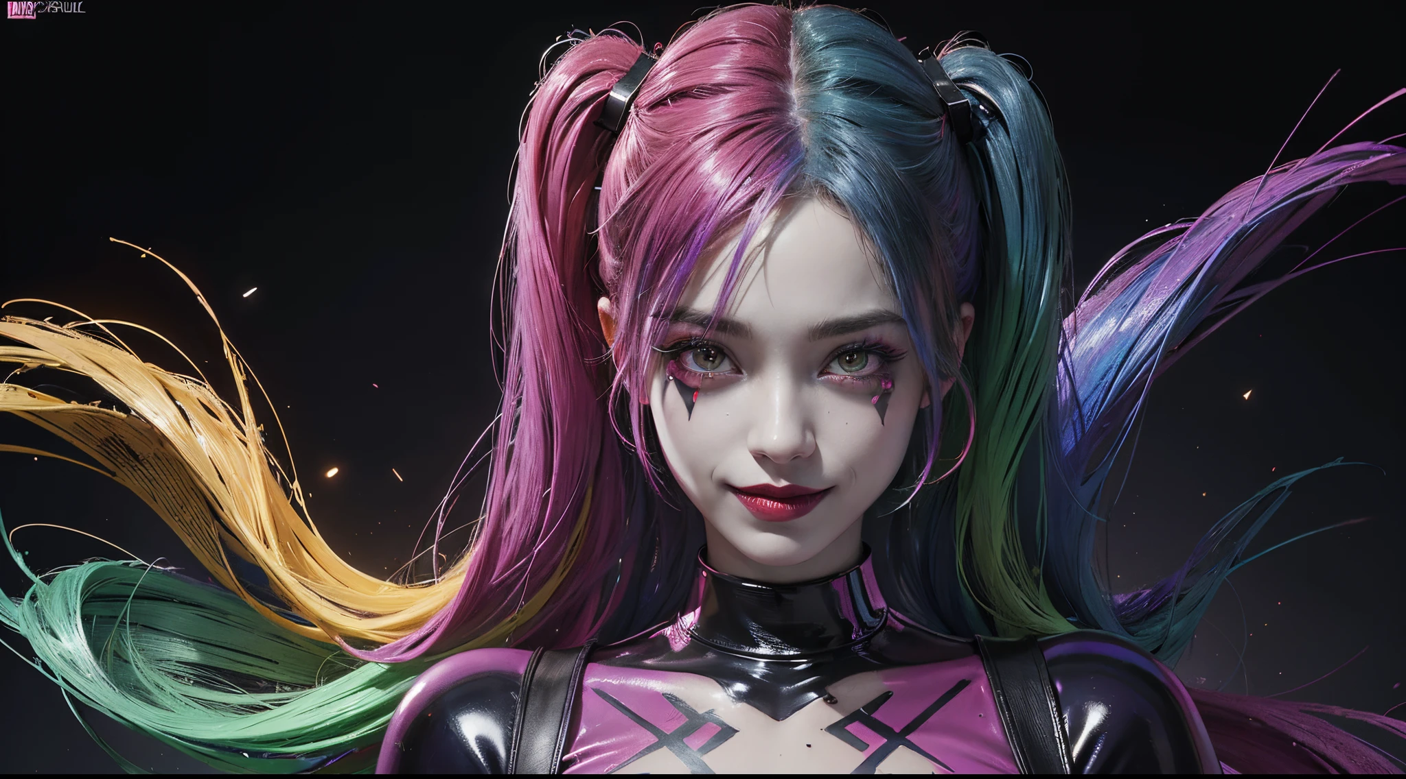 (1womanl),Looking at Viewer,((Perfect Eye)),(Perfect face),psychopathic atmosphere,A smile,,harley quinn hairstyle(Rainbow Color),Glossy texture,masutepiece,Best Quality,ultla highres,latex techno fashion clothing,nightclub background,8K,dynamic ungle,superfine illustration,