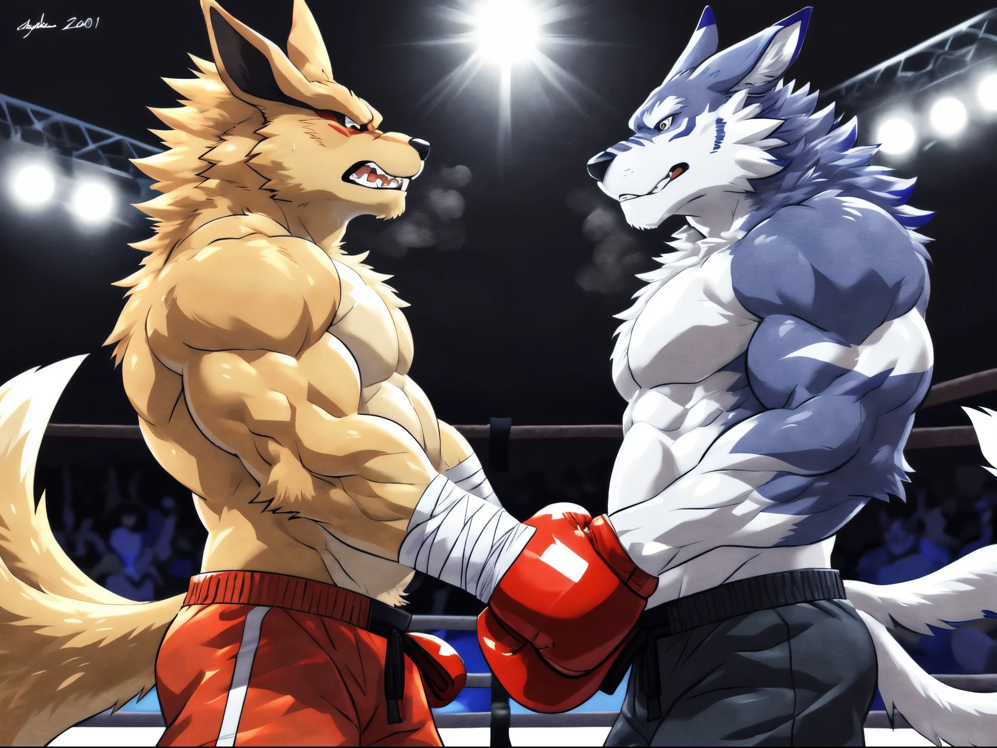 (ultra quality):1.4,color, smooth comics style, takemoto_arashi style, wfa style, two characters, kurama:1 and weregarurumon:1 boxing, muscles:1, athletic build, abs, anime martial arts, sweat, strong:1 masculine, boxing ring, fighting:1 scene, (body blow):1.4 punching, throwing blows, dynamic:1 scene, punching stomach, gut punching, fist punching:1 stomach, fist touching stomach, fist over stomach, punching each other, wearing boxing gloves, detailed boxing gloves