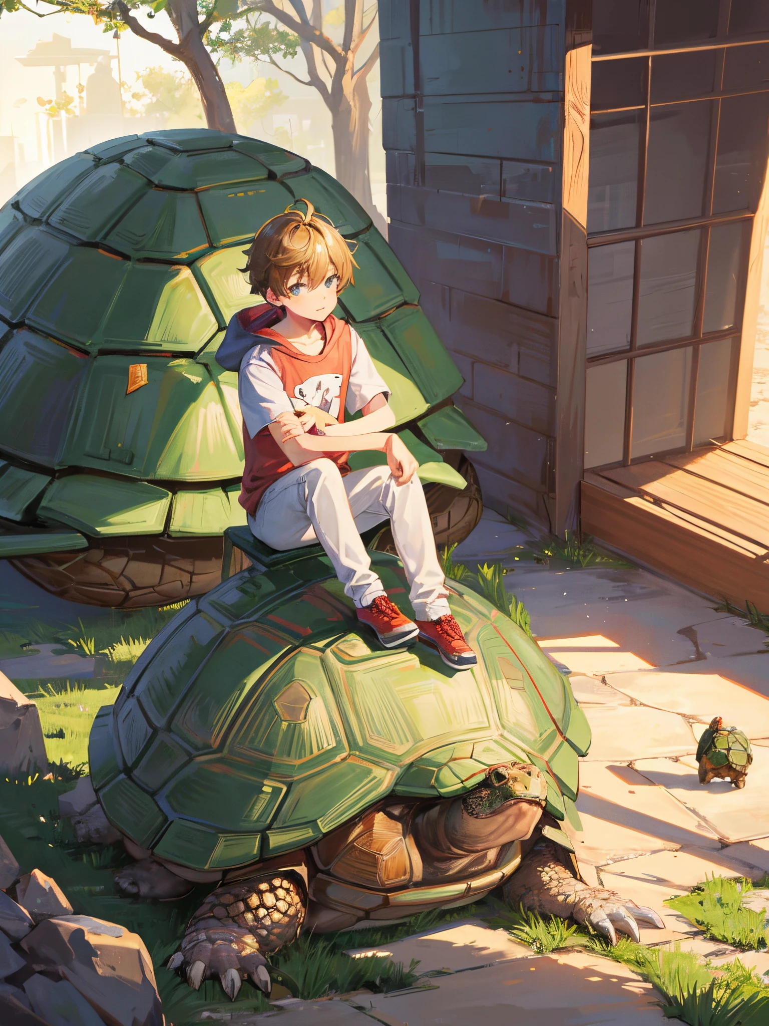 Boy sitting on large pet fantasy tortoise