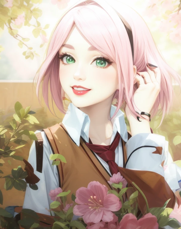 young woman, porcelain skin, short bubblegum pink hair, big red lips, big green eyes, pink eyebrows, smile, looking at camera, green Japanese uniform, Sakura Haruno, 3d, school realism