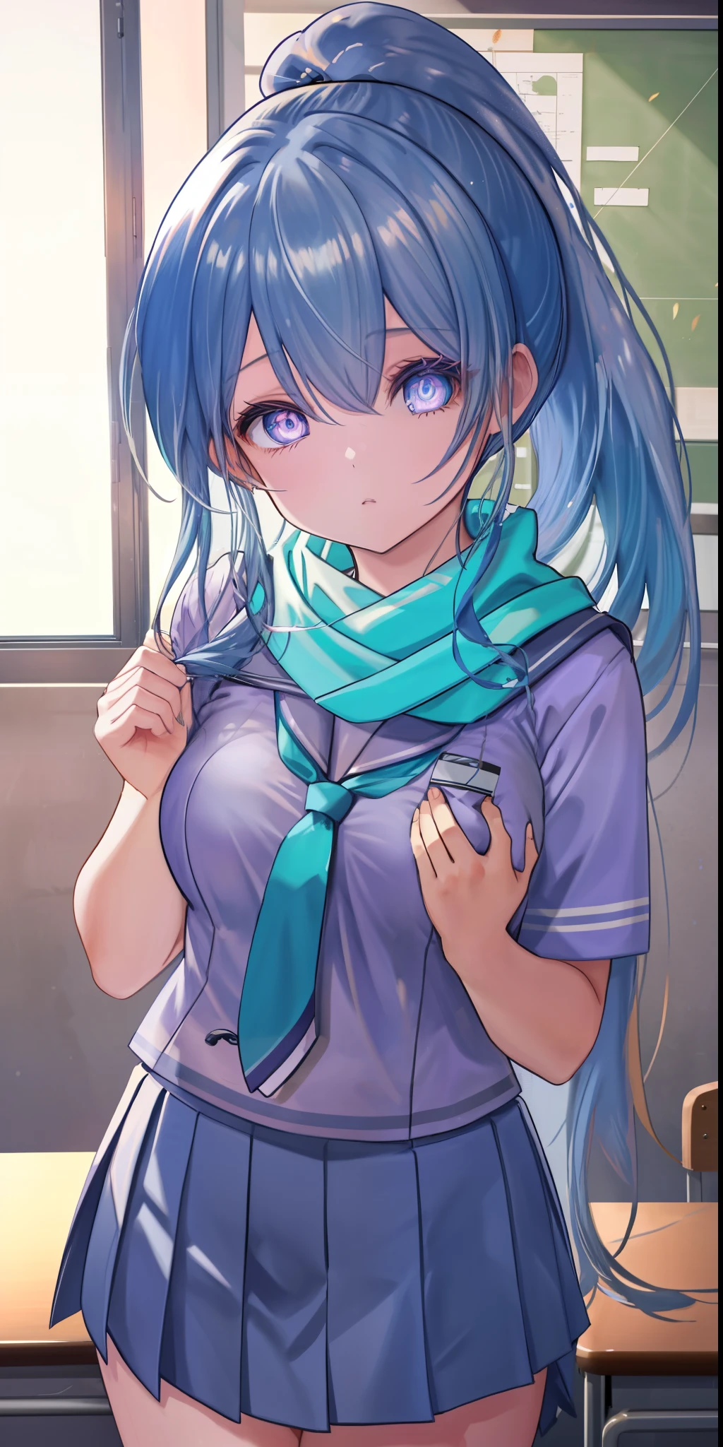 Anime girl with blue hair and blue eyes in a school uniform - SeaArt AI