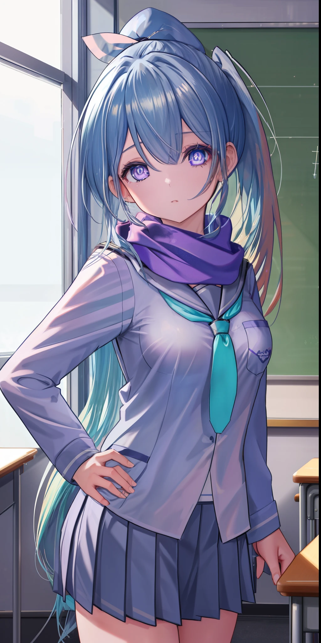 kananmatsuura, Kanan Matsuura, blue hair, long hair, ponytail, (Purple eyes:1.1), Side locks, (medium breast:1.2), break aqua scarf, gray sailor necklace, gray skirt, miniskirt, Scarf, pleated skirt, sailor necklace, sailor shirt, School uniform, Serafuku, shirt, skirt, summer uniform, Uranohoshi school uniform, white shirt, break looking at viewer, BURGLARY indoors, classroom, break (piece master:1.2), best quality, very high resolution, Unity 8k wallpaper, (illustration:0.8), (beautiful eyes detailed:1.6), Extremely detailed face, perfect lighting, extremely detailed CG, (perfect hands, anatomy