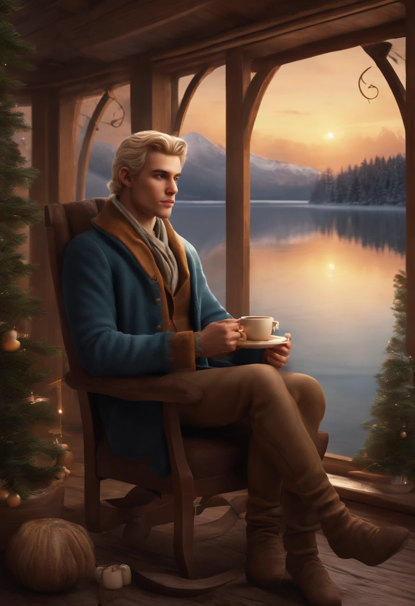 The image is of Ominis Gaunt sitting in a cozy armchair at a serene lakeside cabin, holding a marshmallow-topped hot chocolate and listening to a captivating audiobook through enchanted headphones.,original,Ominis is of average height and quite thin. His skin is very pale but he has a beauty marks. His hair is blonde and swept back. He is blind and his eyes are milky from his blindness. , male
